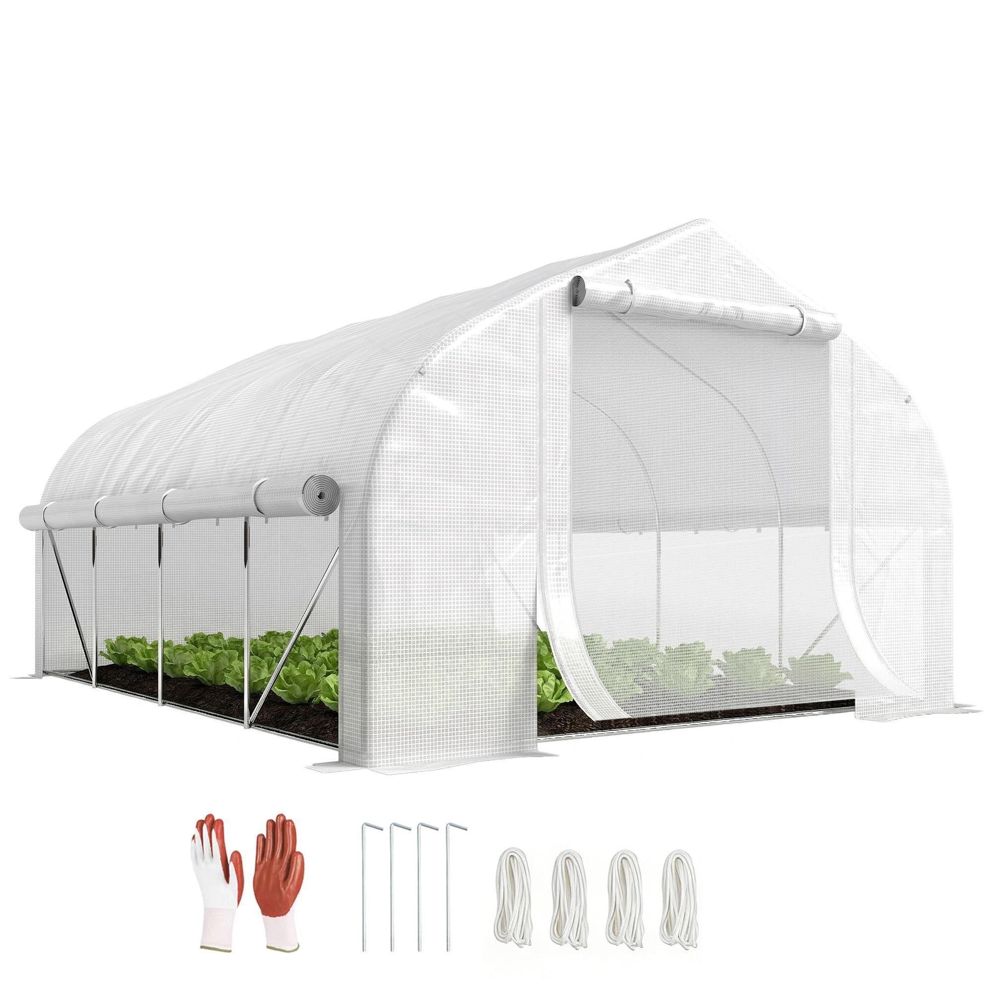 Outsunny 4 x 3(m) Walk-in Polytunnel Greenhouse, Zipped Roll Up Sidewalls, Mesh Door, 8 Mesh Windows, Tunnel Warm House Tent with PE Cover, Complimentary Plant Labels and Gloves, White