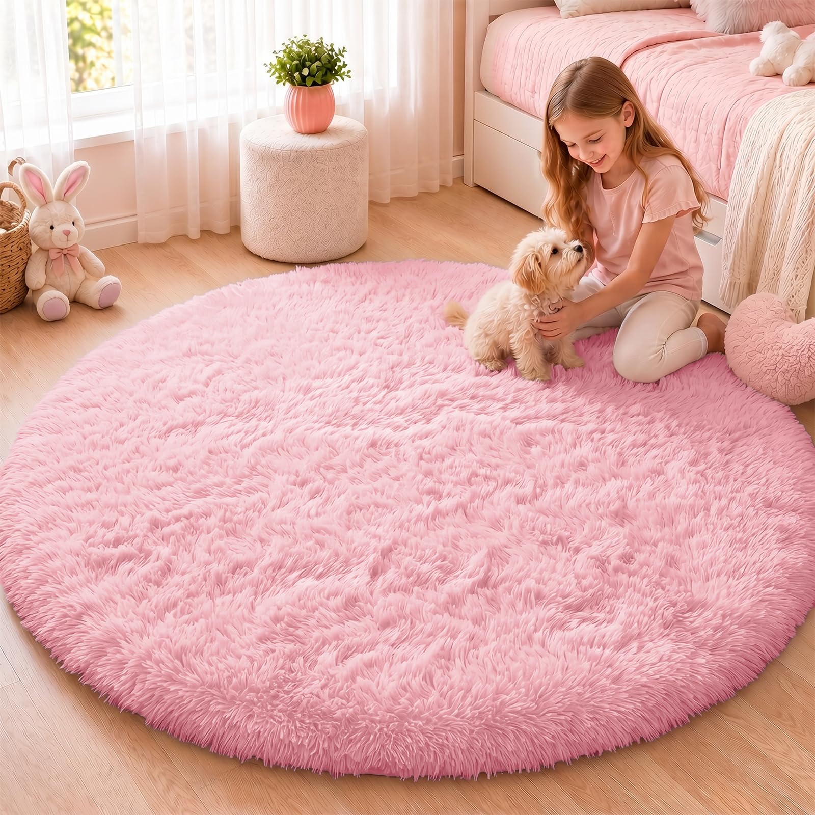Soft Pink Round Shag Area Rug - 4 ft
