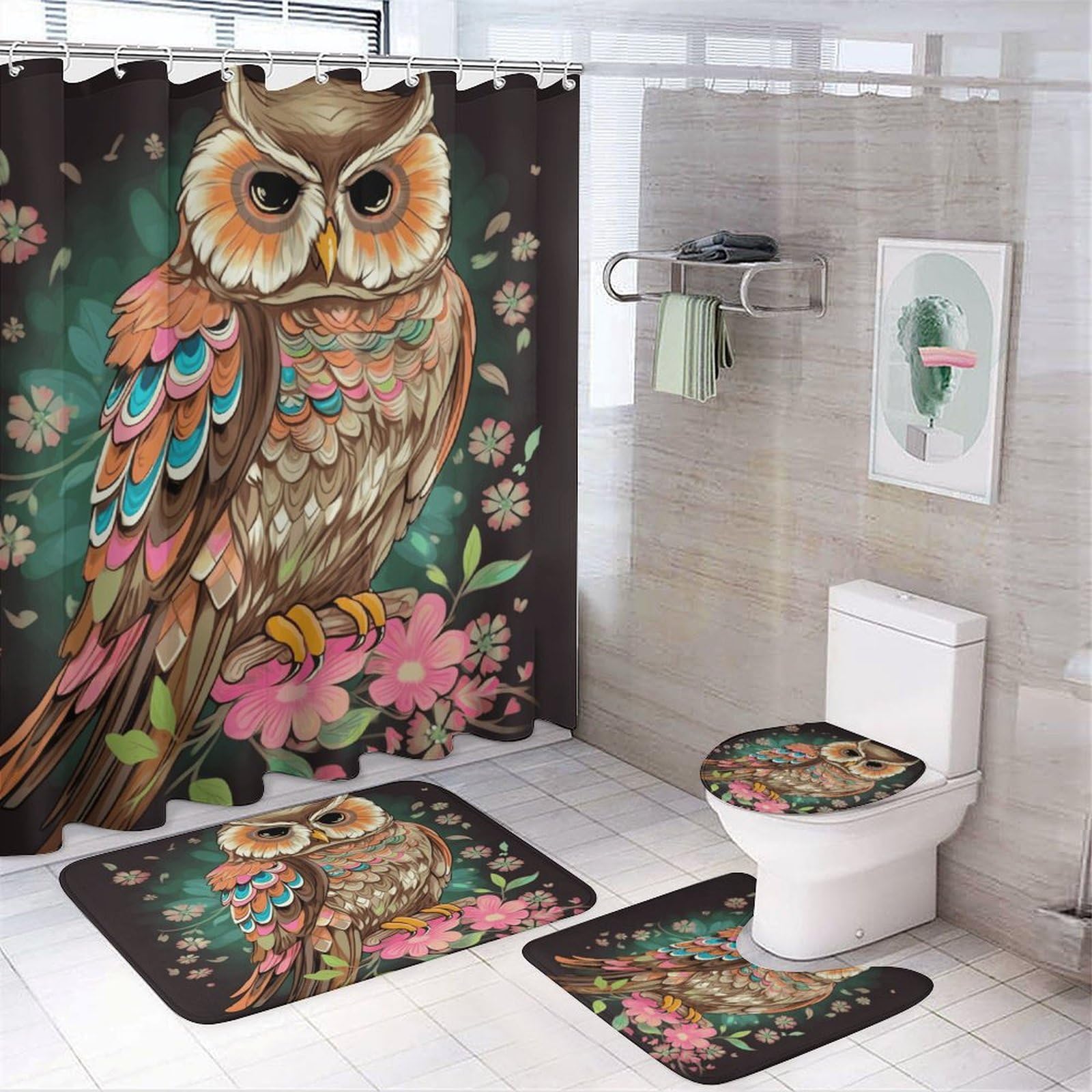 Rideau de douche avec tapis de bain antidérapant et couvre-toilette ensemble de 4 pièces