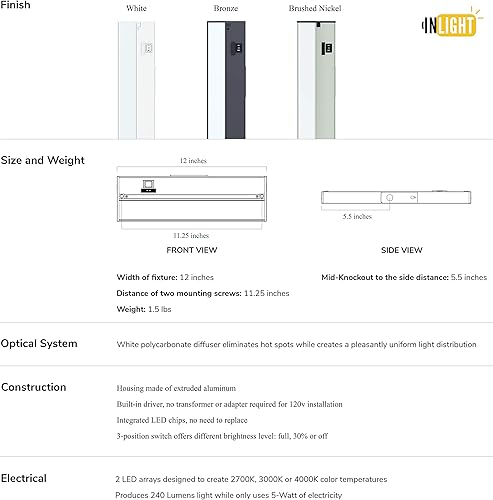 Miniatura 5 de Luz LED GetInLight, regulable, con certificación ETL, para debajo de los armarios, con 3 niveles de color blanco cálido 2,700 K, blanco suave 3,000