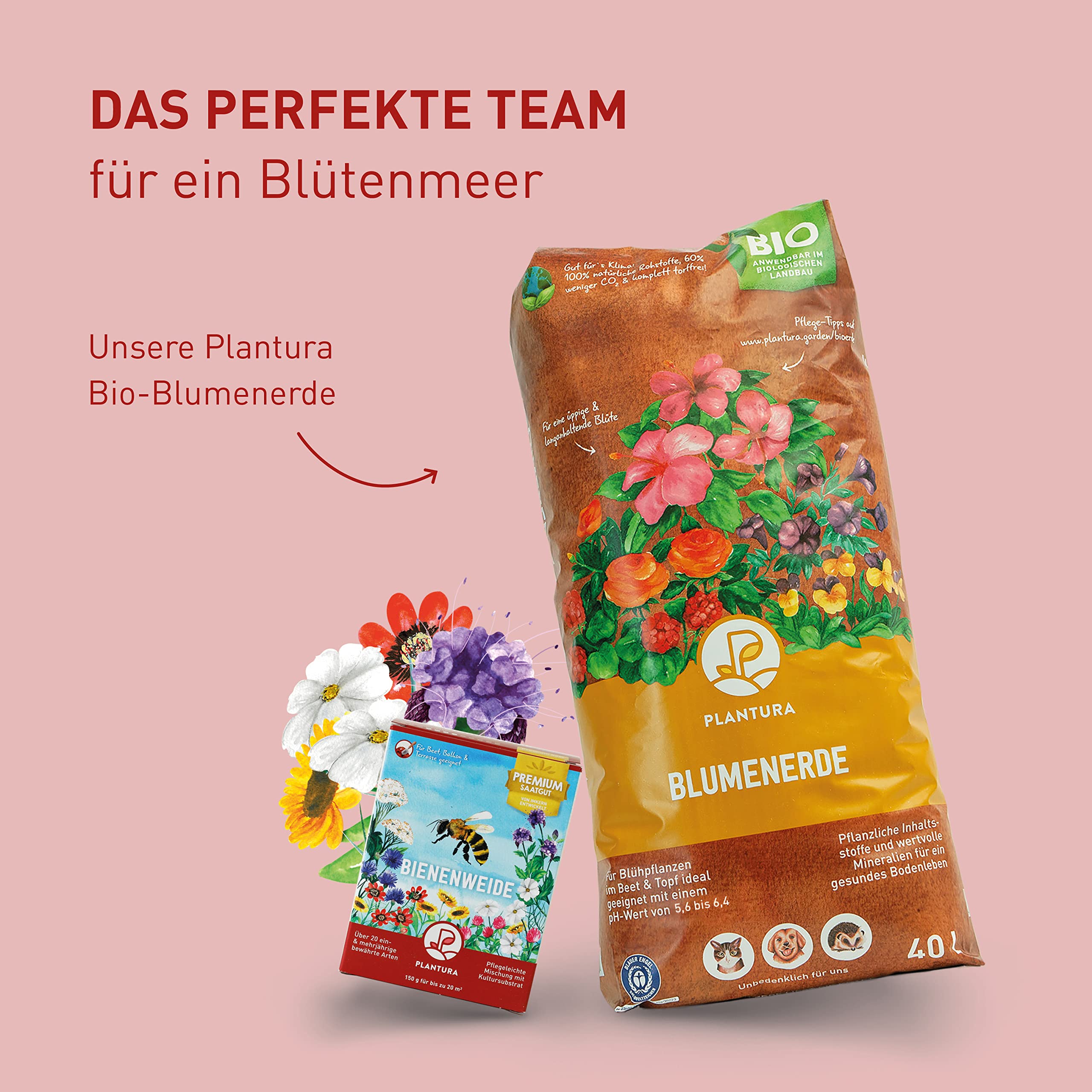 Plantura Bienenweide, blütenreiche Premium-Saatgut-Mischung für Bienen, Hummeln & Schmetterlinge, >20 heimische Sorten, ein- & mehrjährig, bienenfreundlich, pflegeleicht & nektarreich, 150 g für 20 m²