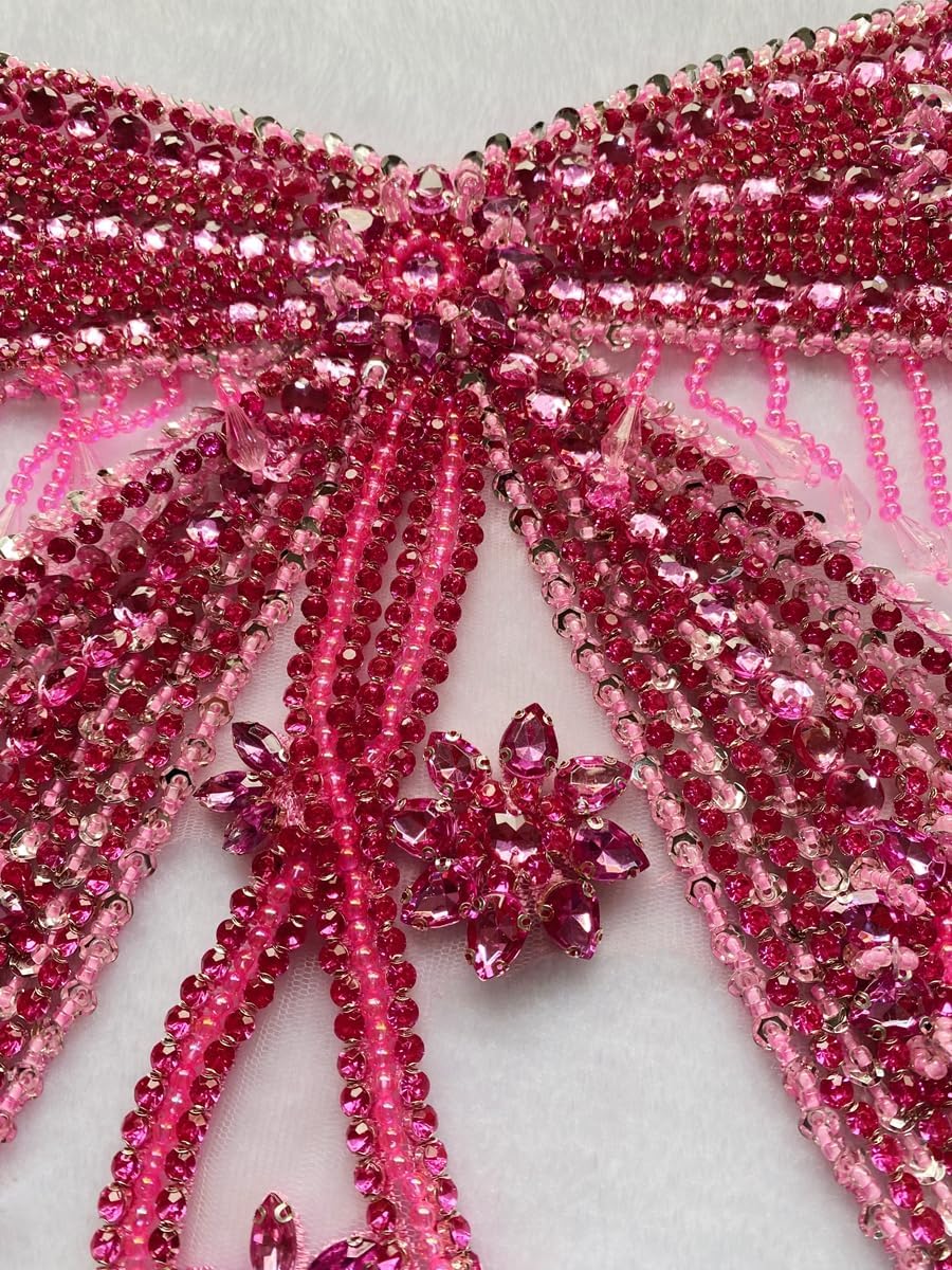 Butterfly Shape Bodysuit Applique Pure Hand-Stitched Beads and Crystal Patches Creative Tassels Shiny Dress Decorative Accessories (Pink)