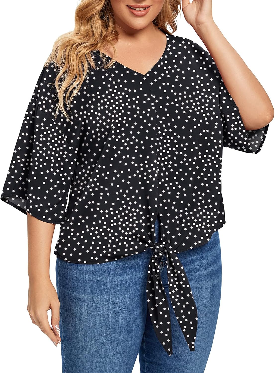 POSESHE Womens Plus Size Floral Tie Front Chiffon Blouses V Neck Batwing Short Sleeve Summer Tops Shirts