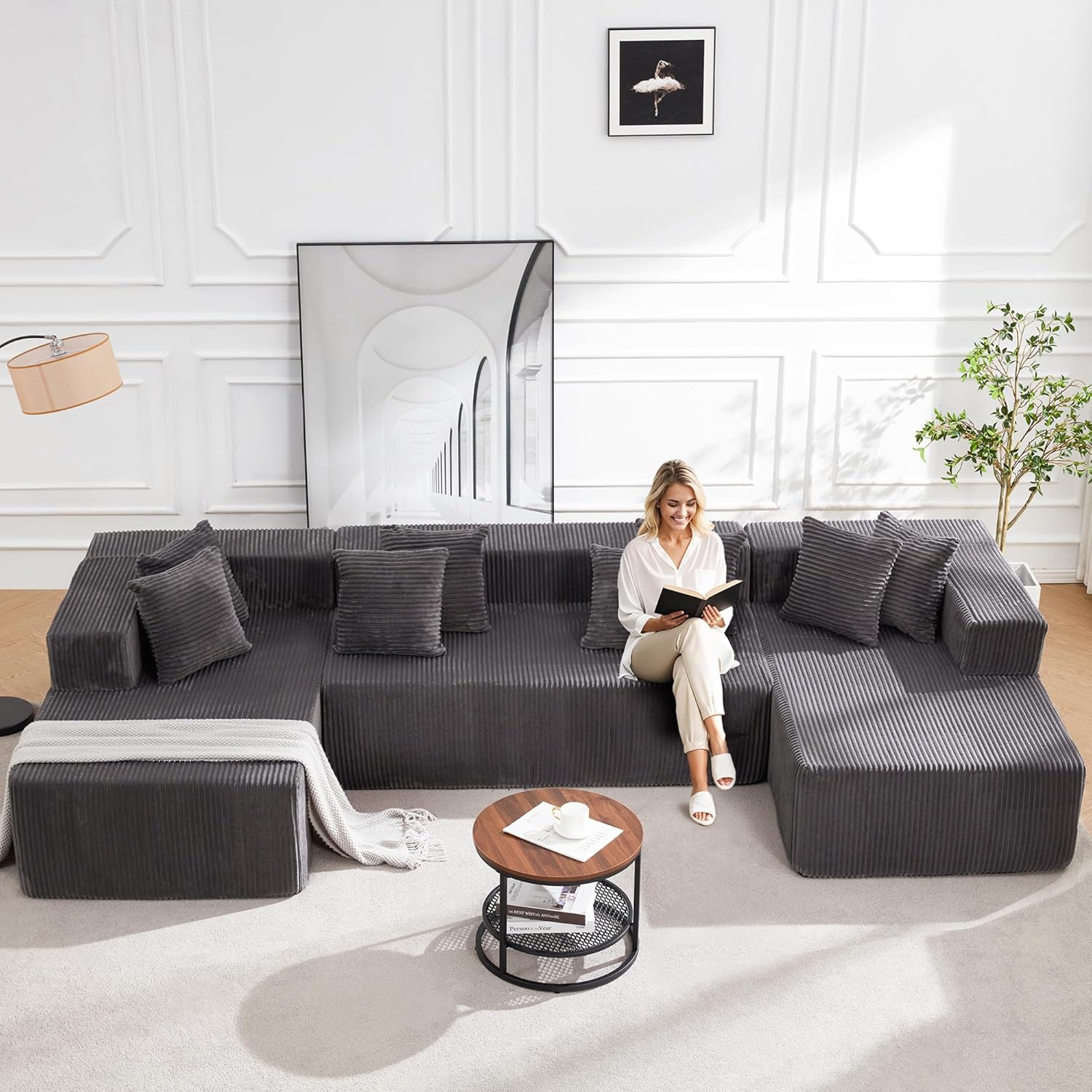 HOMREST 131" Cloud Couch Sectional, U Shaped Modern Sofa with 2 Ottomans, Comfy Corduroy Fabric Modular Sectional Sofa in a Box, Boneless Couches for Living Room, No Assembly Required (Black)