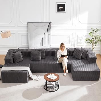 131" Cloud Sectional Modular Sofa, Boneless Couch for Living Room, Gray