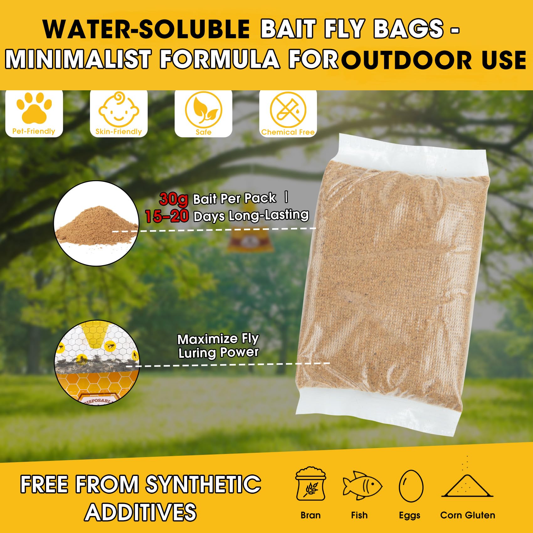 Paquete de 4 trampas para moscas para colgar al aire libre para patio, bolsas desechables para moscas al aire libre con cebo de 30 g, atrapador de moscas de insectos, control asesino para granero