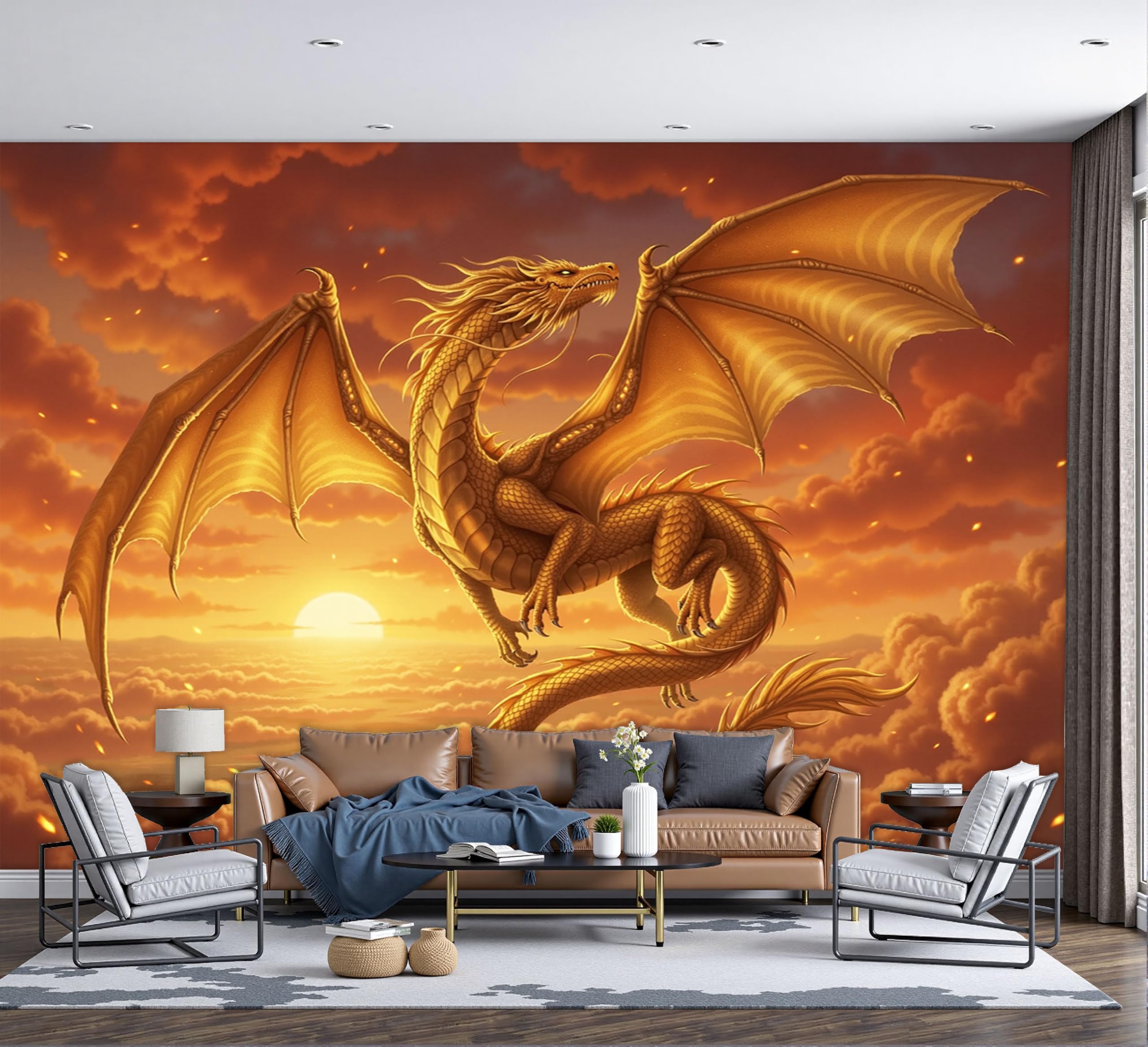 Papier Peint Dragon D'Or Fantastique Coucher Soleil 3D Jaune