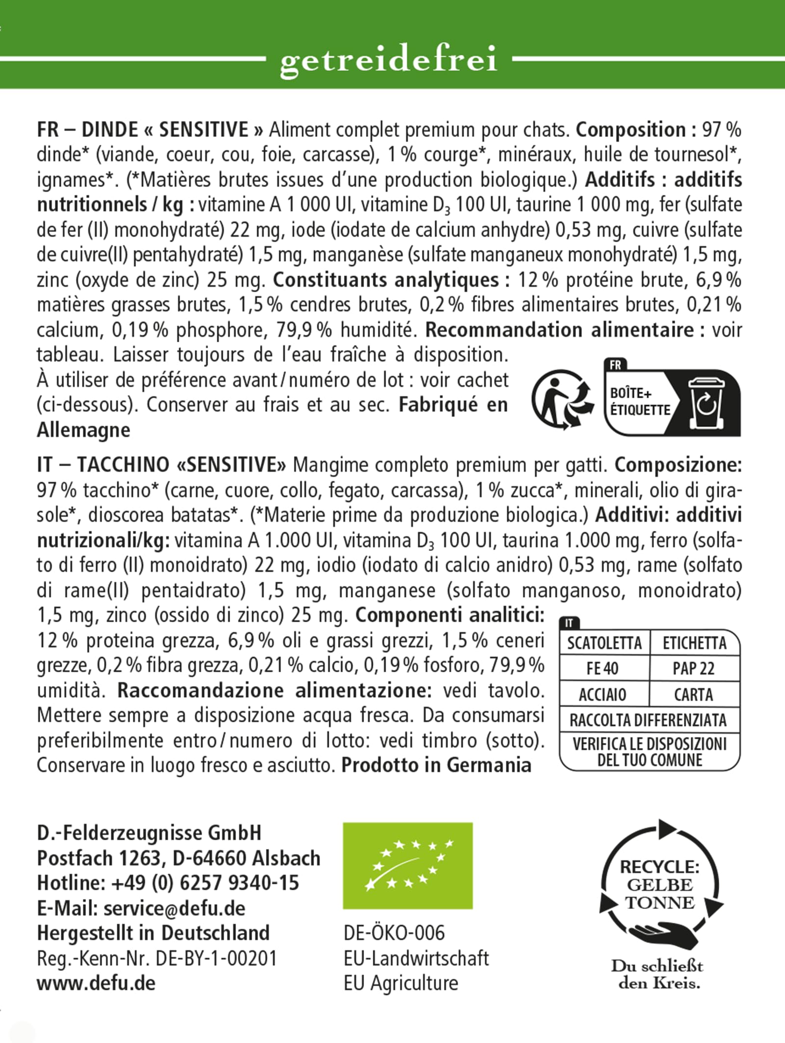 defu Katzenfutter | 12 x 400 g | Bio Truthahn Sensitiv | Getreidefreies Premium Bio Nassfutter Menü | Alleinfuttermittel für Katzen