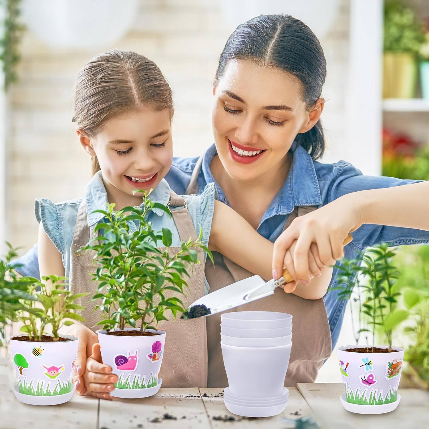 Domensi 12 Pack Garden Pot Craft Kit 4 Inch DIY Spring Crafts for Kids Bulk Plastic Flower Plant Pot Plastic Planter with Tray Drainage Holes with Tag, Certificate of Award, Sticker (White)
