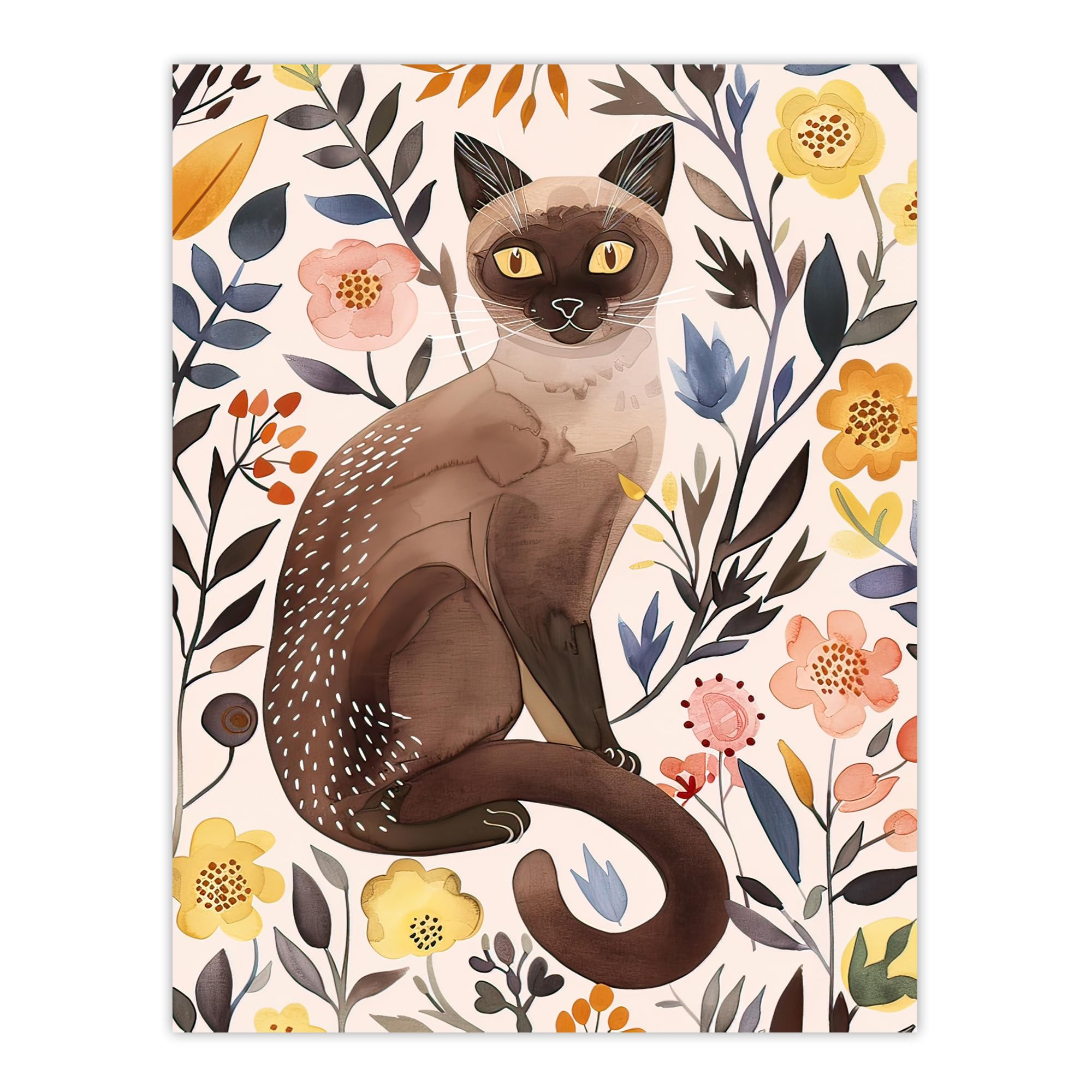 Artery8 Burmese Cat Lover Watercolour Wildflower Portrait Living Room Large Wall Art Poster Print Thick Paper 18X24 Inch