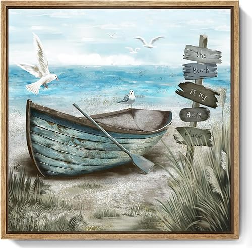 Vista 22 de Arte de pared para baño, decoración costera, barco náutico en la playa, lienzo con imagen de gaviota del océano, paisaje marino, arte de granja