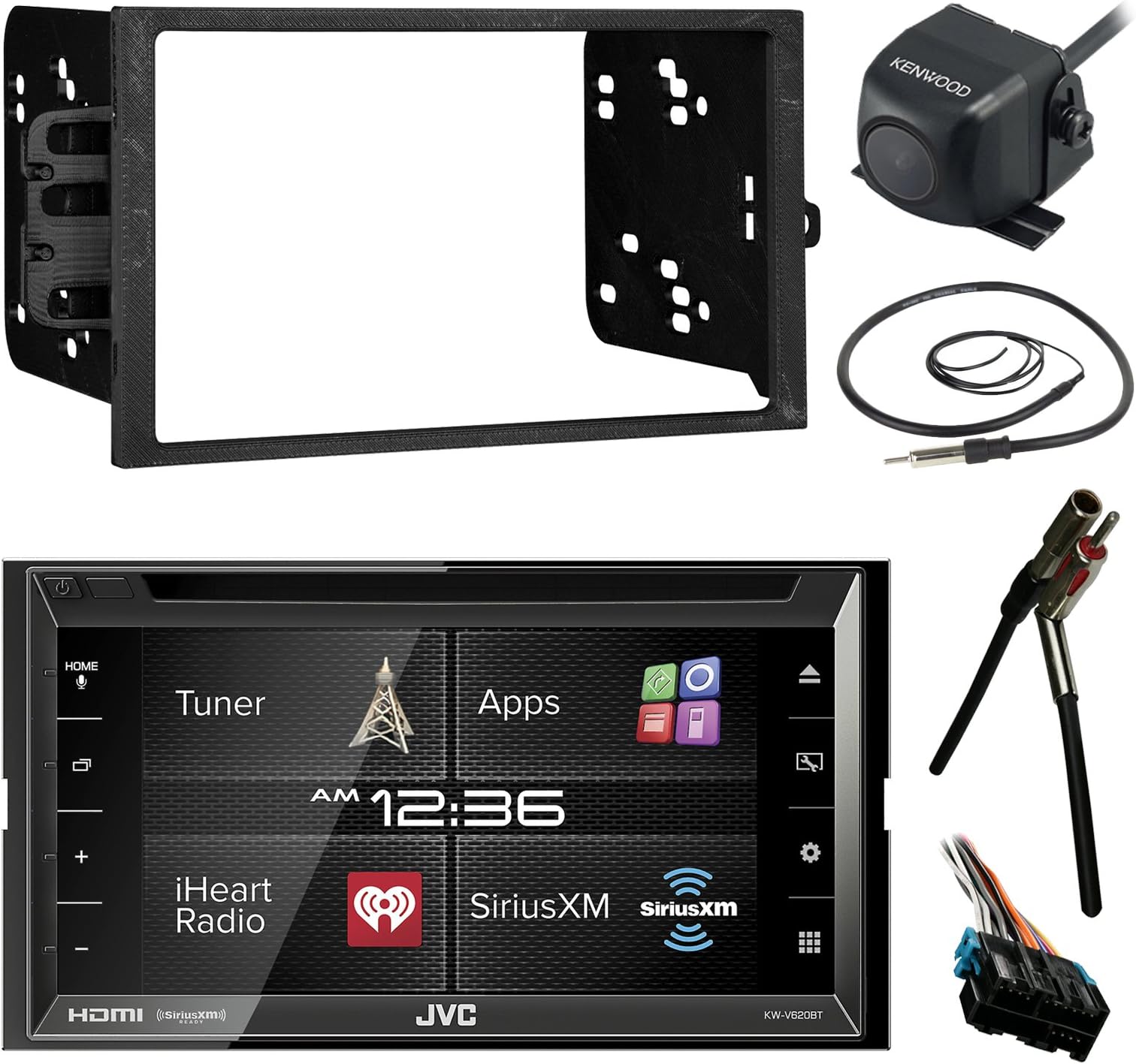 JVC KWV620BT 6.8" LCD Bluetooth CD DVD Car Stereo Receiver Bundle Combo With Waterproof RearView Backup Camera + Dash Kit + Wire Harness For GM Vehicles + Enrock 22" AM/FM Radio Antenna With Adapter