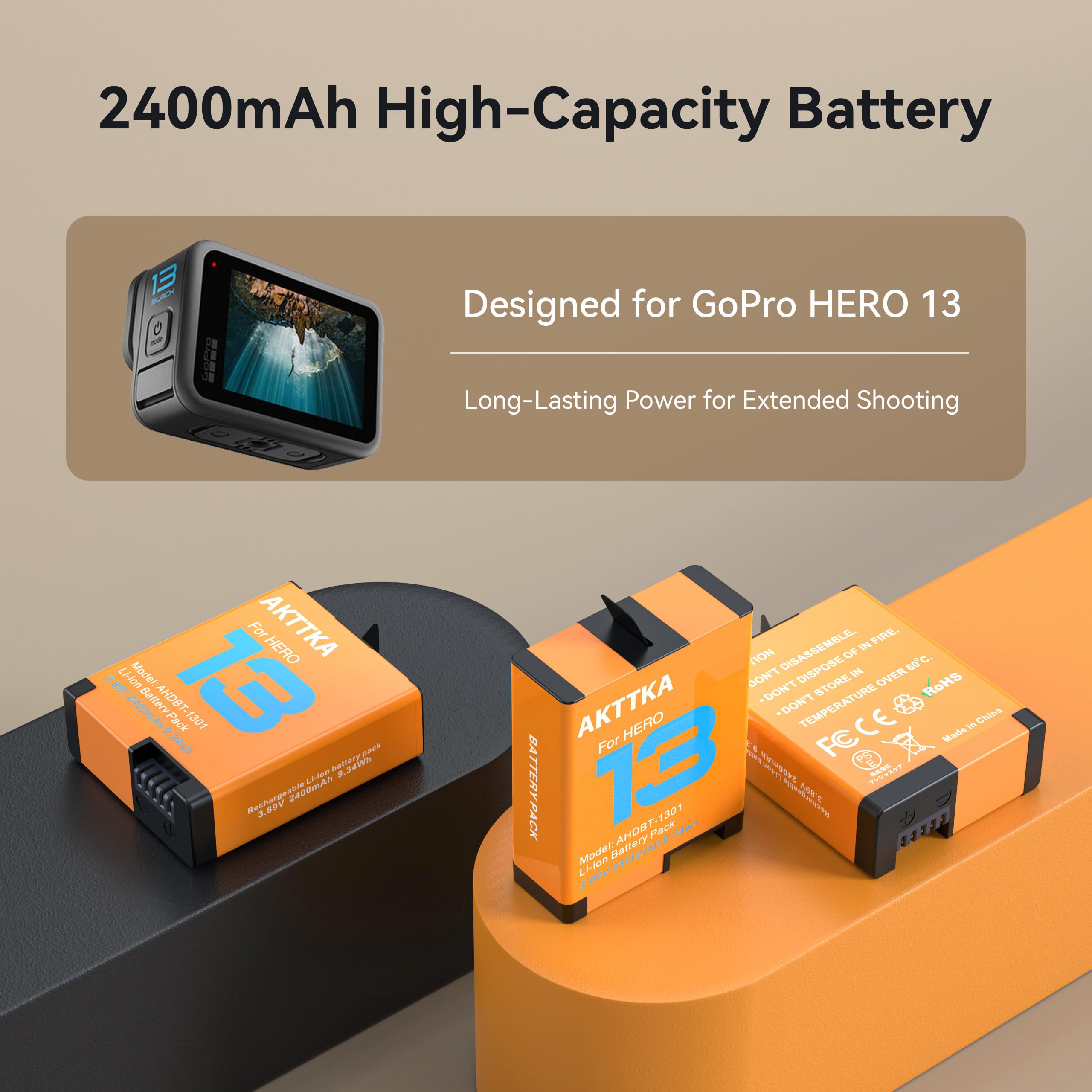 Kit Carica e Storage Batterie 3×2400mAh per GoPro Hero 13 Black - Dettaglio