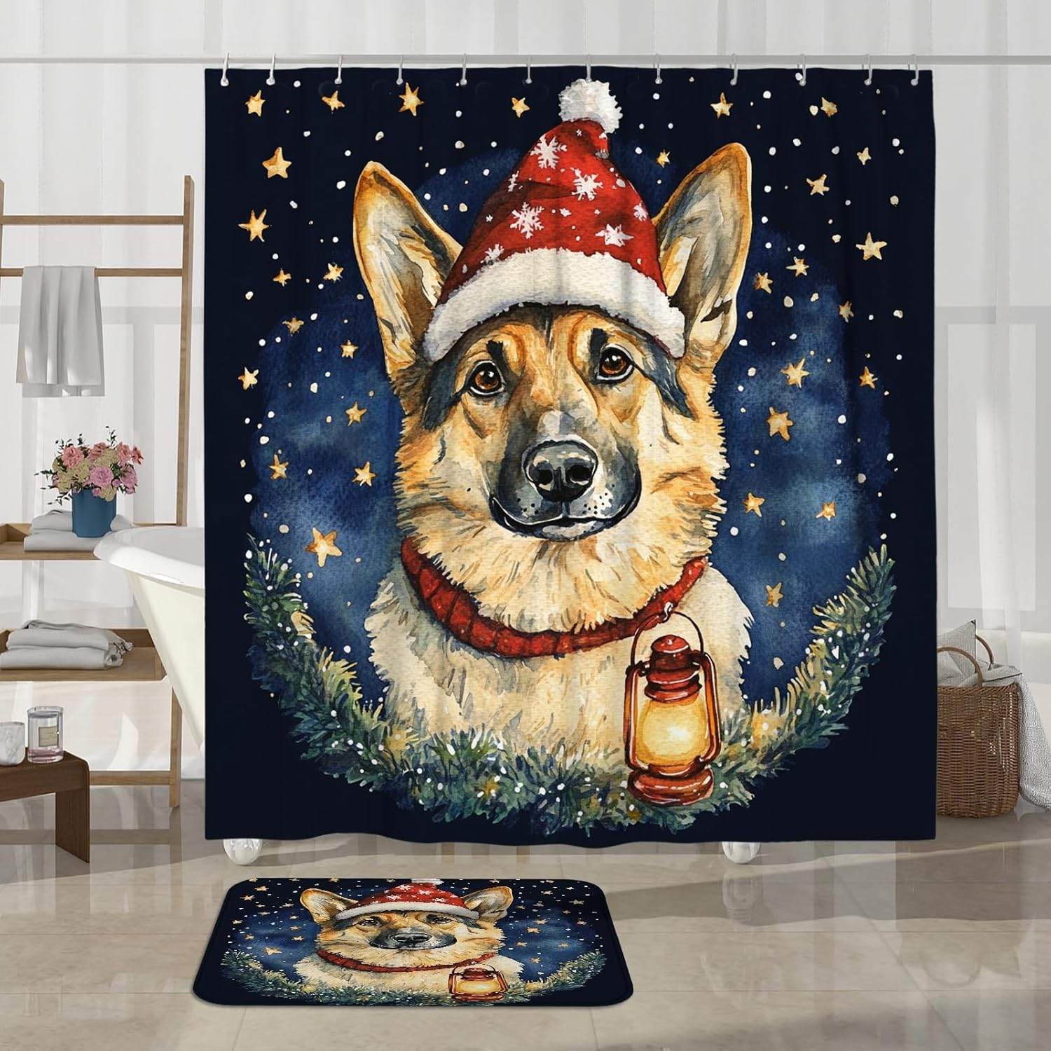 4PCS Christmas German Shepherd Dog Bathroom Accessory Sets with Non-Slip Rug, U Shape and Toilet Lid Cover Mat, Cute Xmas Stars Bathroom Fabric Decor-72''x72''