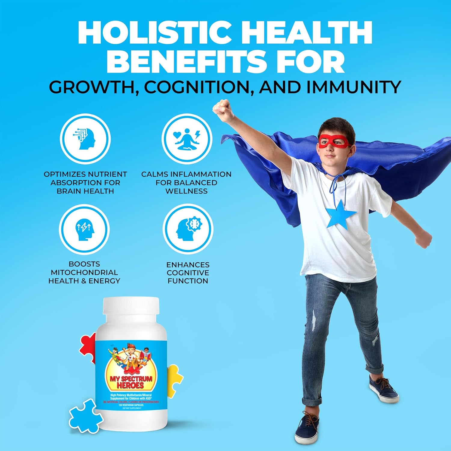 My Spectrum Heroes Children's Multivitamin Supplement - Acetyl-l-carnitine, Choline, Coenzyme Q10, Inositol, MSM, MTHF, NAC for Daily Nutritional Help and Cognitive Health (150 Capsules)