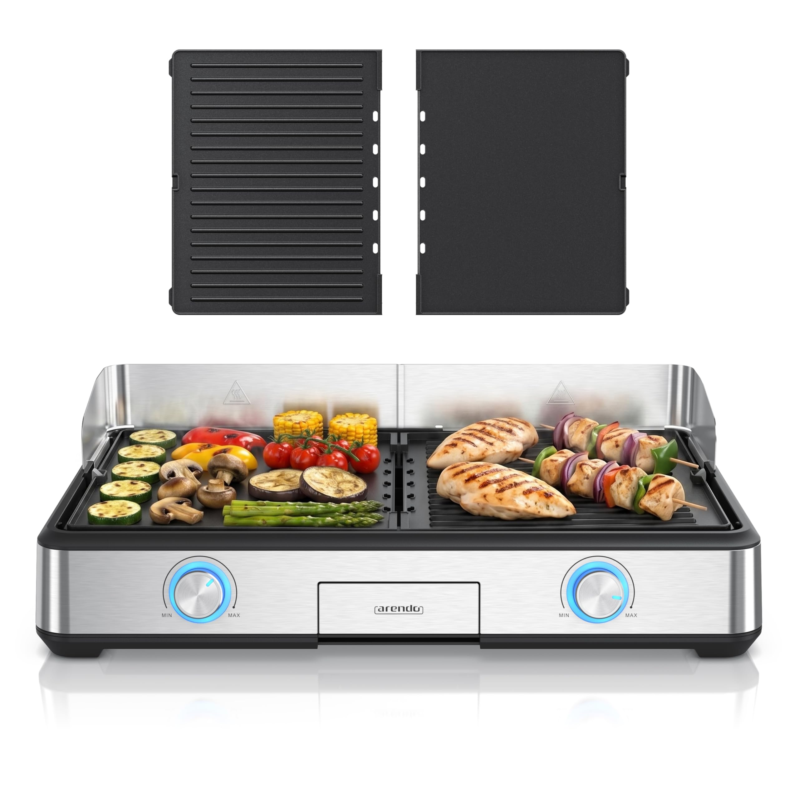 Arendo - Tischgrill elektrisch mit 2 Grillzonen - Electric grill 2 Thermostate - Elektrogrill Edelstahl – 2800W Leistung – Antihaft-Beschichtung –Spritzschutz – Für Balkon Küche Terrasse Garten