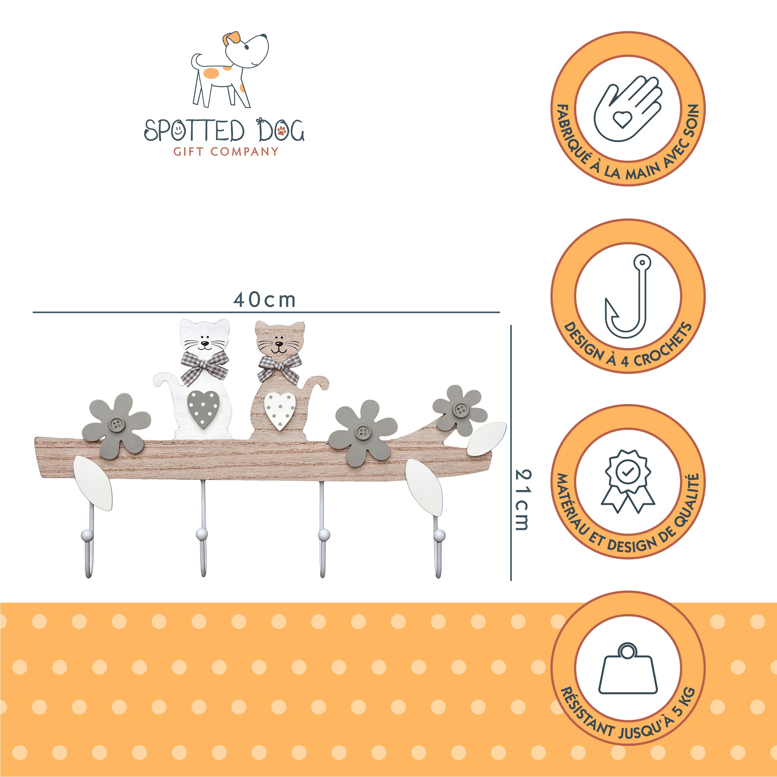 Image secondaire de SPOTTED DOG GIFT COMPANY Porte Manteau Mural en Bois, Patere Murale avec 4 Crochets, Mignon Chat Thème Maison Chambre Entrée Déc