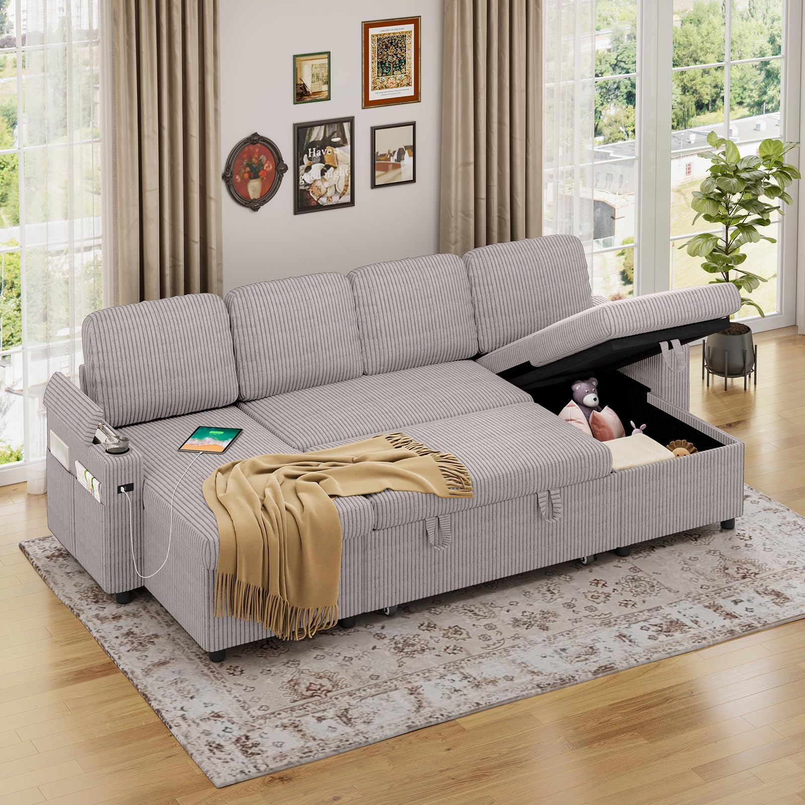 Corner Sofa Bed, 3-in-1 Pull Out Convertible Sleeper Sofa with Adjustable Backrest,Storage Space,USB Charge 4 Seater Sectional Oversize Sofa Couch Bed for Living Room,Bedroom
