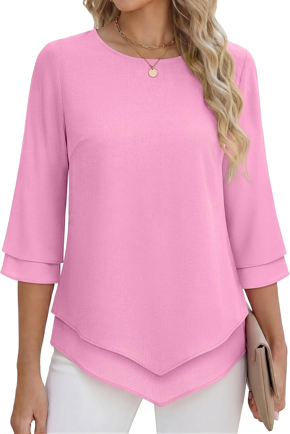 ANRABESS Womens 3/4 Sleeve Blouses Dressy Casual Double Layers Shirts Flowy Tunic Top 2026 Spring Beach Vacation Clothes