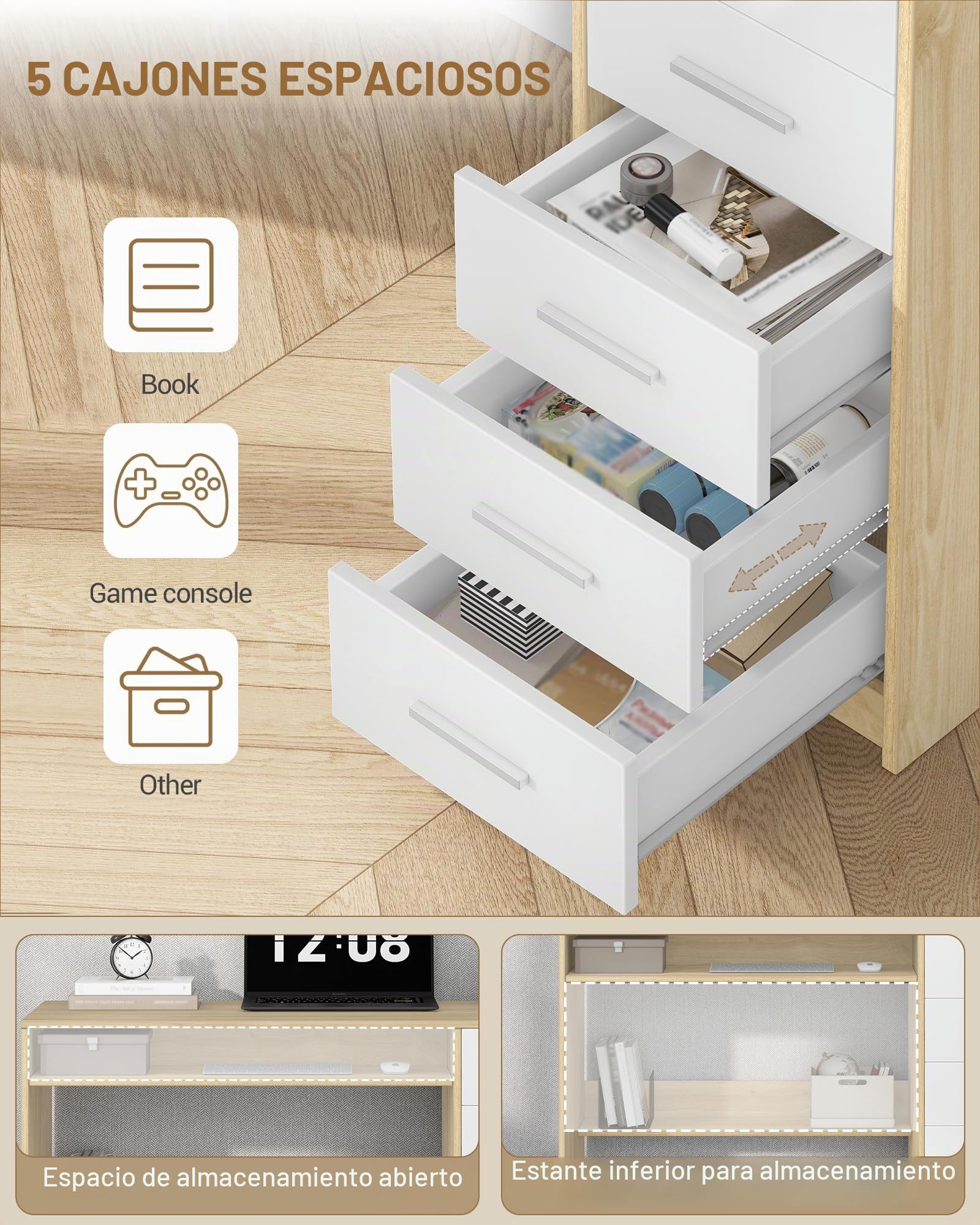 Hzuaneri Mesa Ordenador con 5 Cajones, Mesa de Oficina, Escritorio Moderno con Almacenamiento, para Estudio, Oficina, Dormitorio, 50 x 108 x 75 cm, Roble y Blanco CD10531X