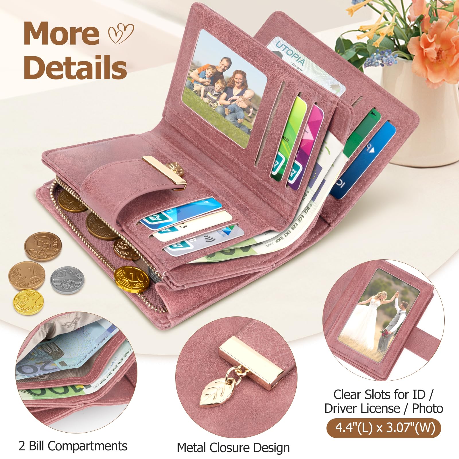 Cartera Mujer Pequeña, Monederos Mujer en Cuero PU con Bloqueo RFID, Carteras de Mujer Gran Capacidad con 14 Ranuras Tarjetas y Bolsillo con Cremallera Billeteras para Mujeres (Rosa)