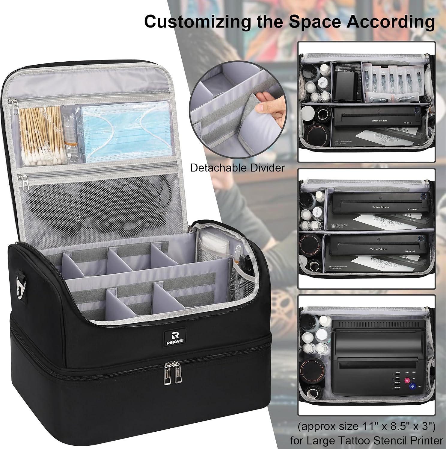 Tattoo Travel Case Holds 77 Bottles (30ml/1fl.oz) & Tattoo Supplies and Equipment, Extra Large Tattoo Ink Organizer Case Double-Layer Tattoo Carring Bag for Large Tattoo Stencil Printer (Black)