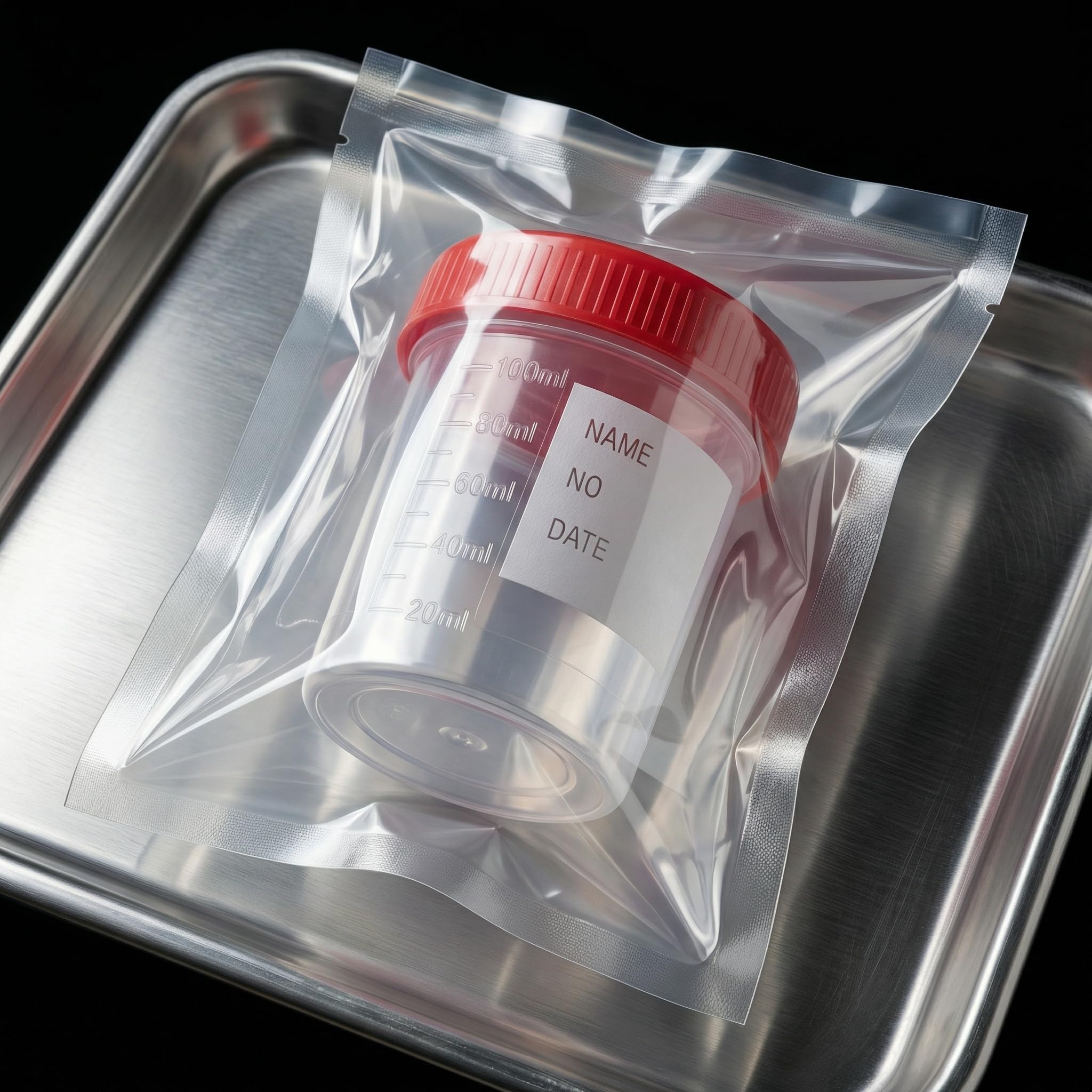 KMINA Colector de Orina 120 ml (200 unidades), Bote de Muestra con Tapón de Rosca Rojo, Graduado y con Banda Mate para Rotular, Higiénico