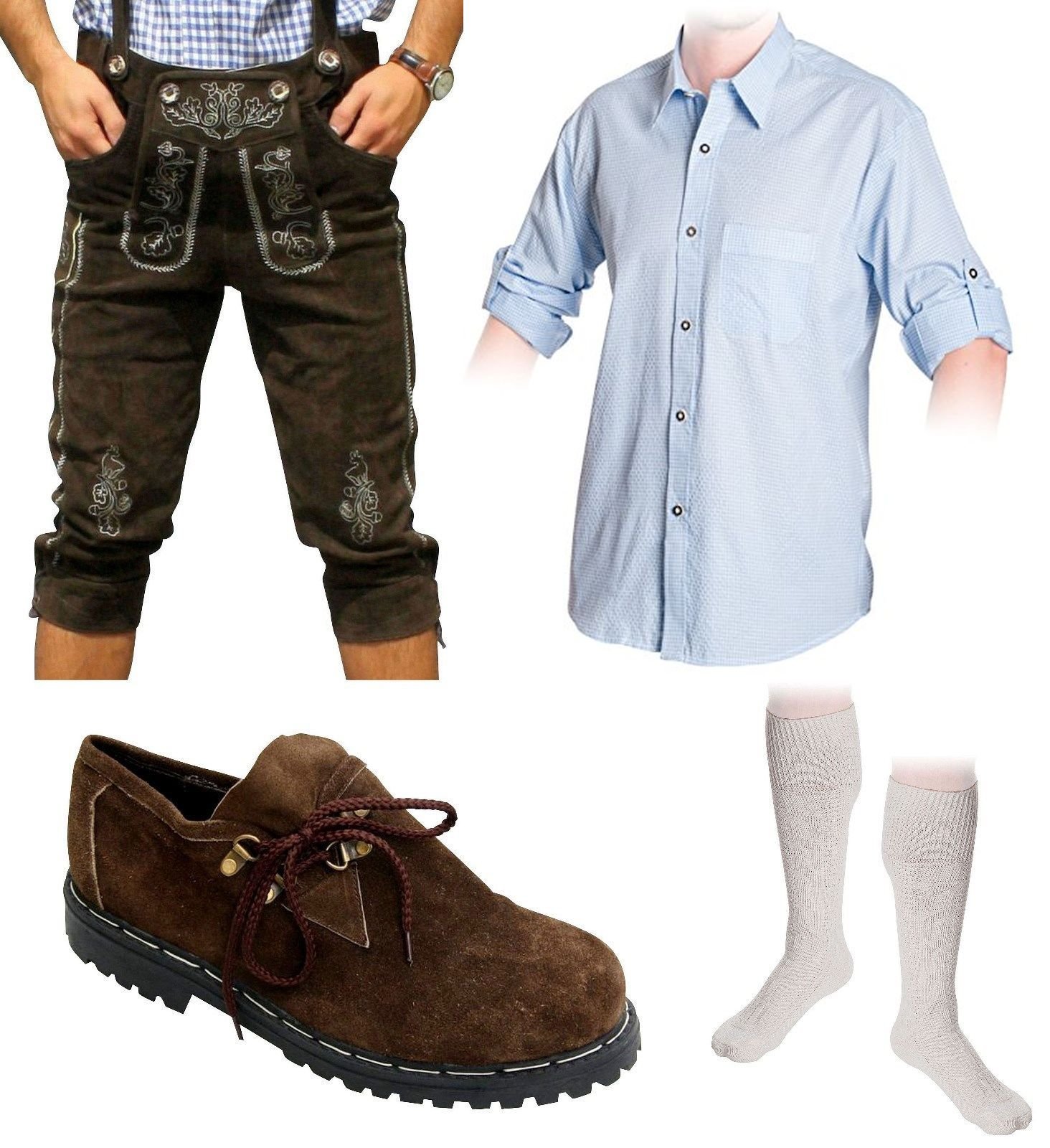 Herren Trachten Set C 5-teilig Trachten Lederhose dunkelbraun 46-60 Trachtenhemd Schuhe Socken