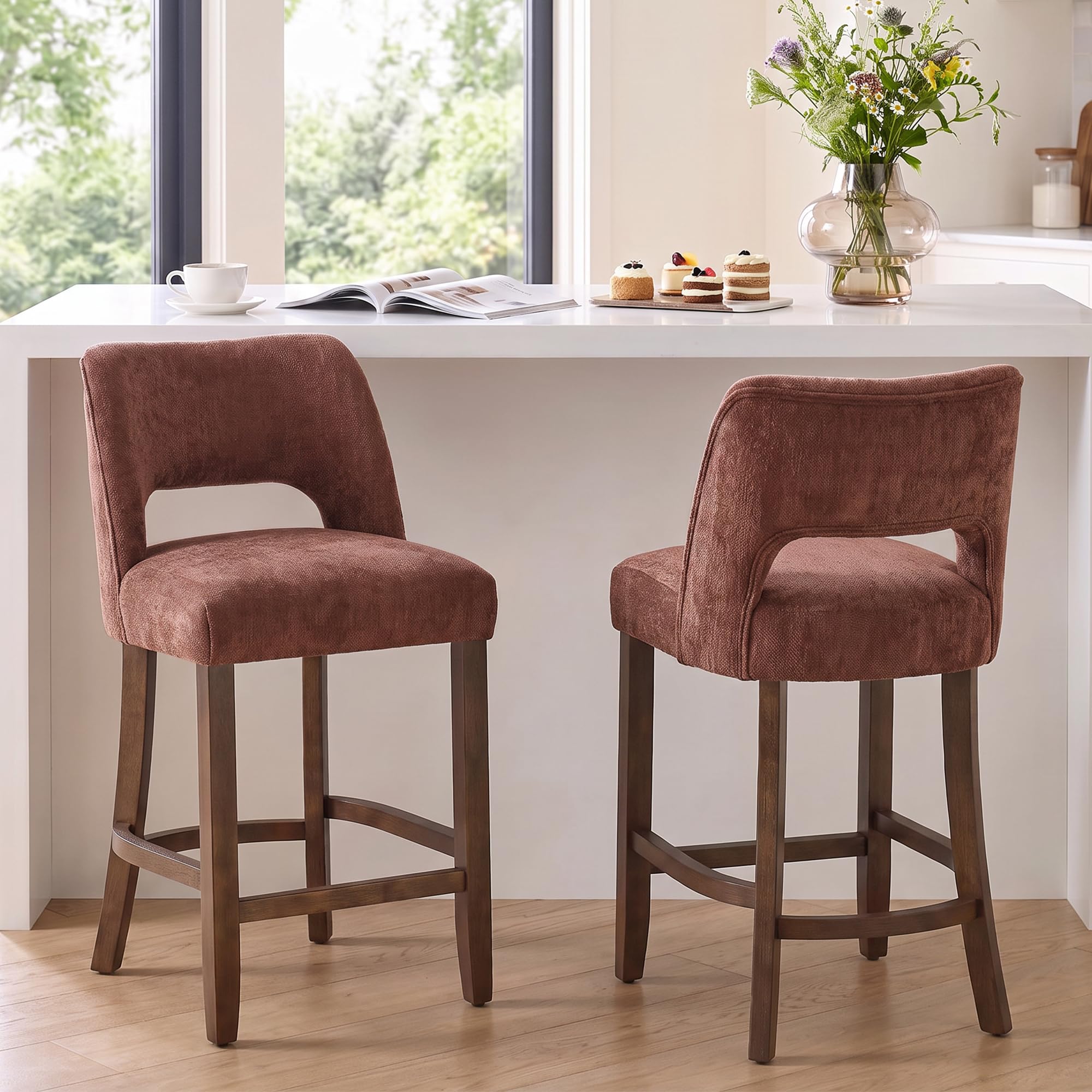 VKNOW Bar Stools Set of 2, 26" Fabric Counter Height Bar Stools, Rusty Red
