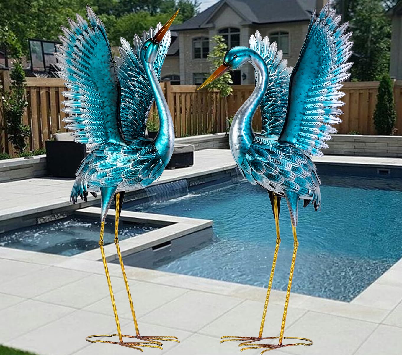 NatelfGarden Crane Statues for Outdoor, Blue Heron Decoy Courtyard Sculptures, Standing Metal Bird Yard Art for Patio Pond Backyard Decor(Set of 2)