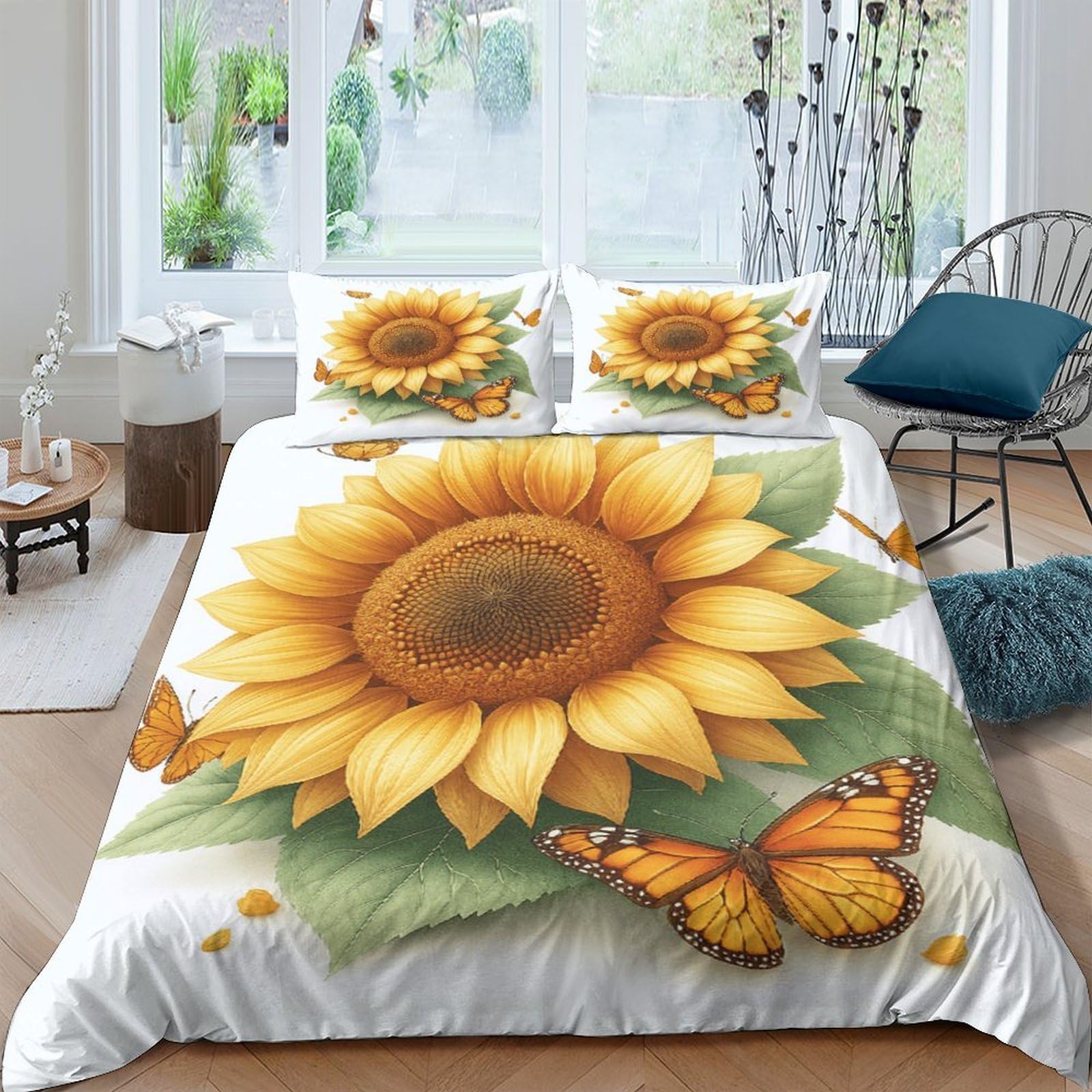 Ctjqhvkz Style-1 3D Printed Sunflower Fitted Sheet Microfiber Soft Yellow Butterfly Bed Cover For Bedroom Guest Room Decor Mattress Protection Single（135X200cm）