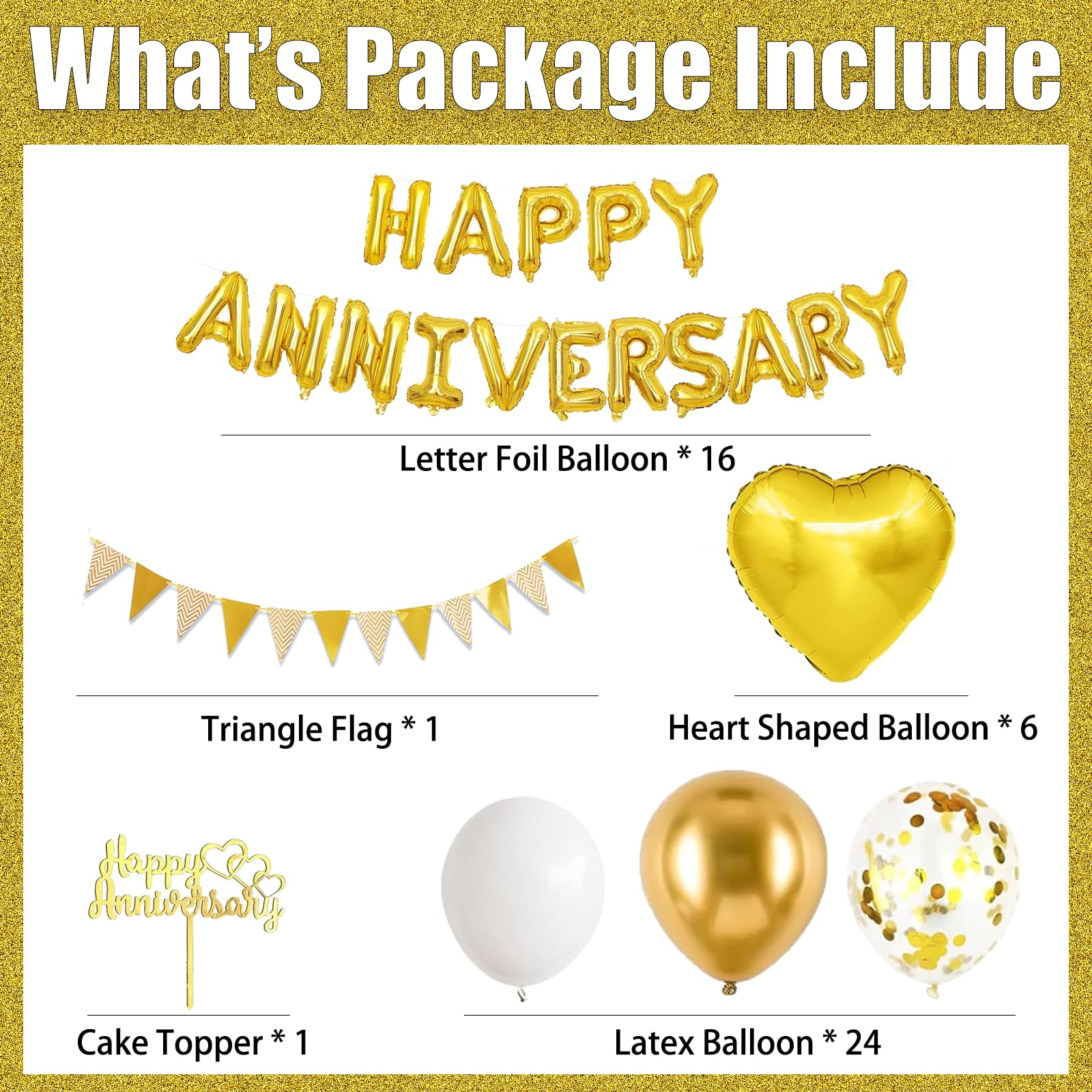 Happy Anniversary Decorations, 48Pcs Gold Romantic Wedding Decoration Set including Heart Foil Balloon - Image 2