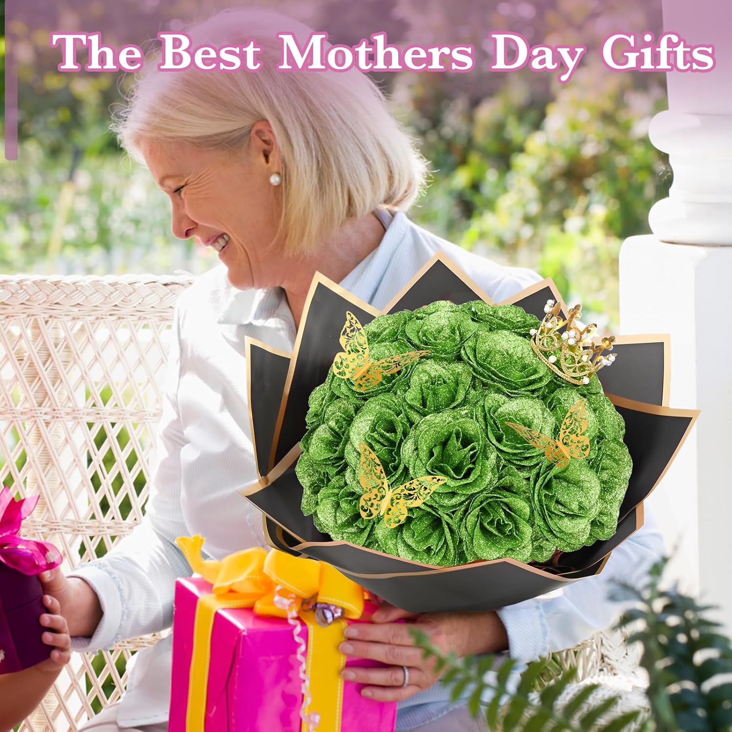 Waipfaru Glitter Roses Bouquet, DIY Green Fake Flowers Bouquet, Birthday Gifts for Women Mom, 36 Pcs Rose for Wife Girlfriend Valentines, Mothers Day, Graduation, St. Patrick's Day thumbnail
