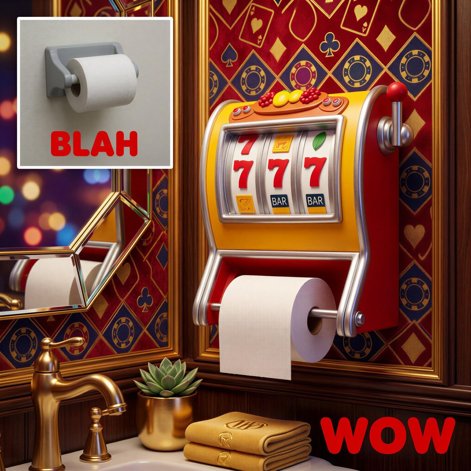 Toilettenpapierhalter Slot Machine, Vintage-Casino-Optik, Toilettenpapierspender mit 777-BAR-Grafik und Fruchtmotiven, Wandhalter für Bad und Gäste-WC, Geschenk zum Einzug