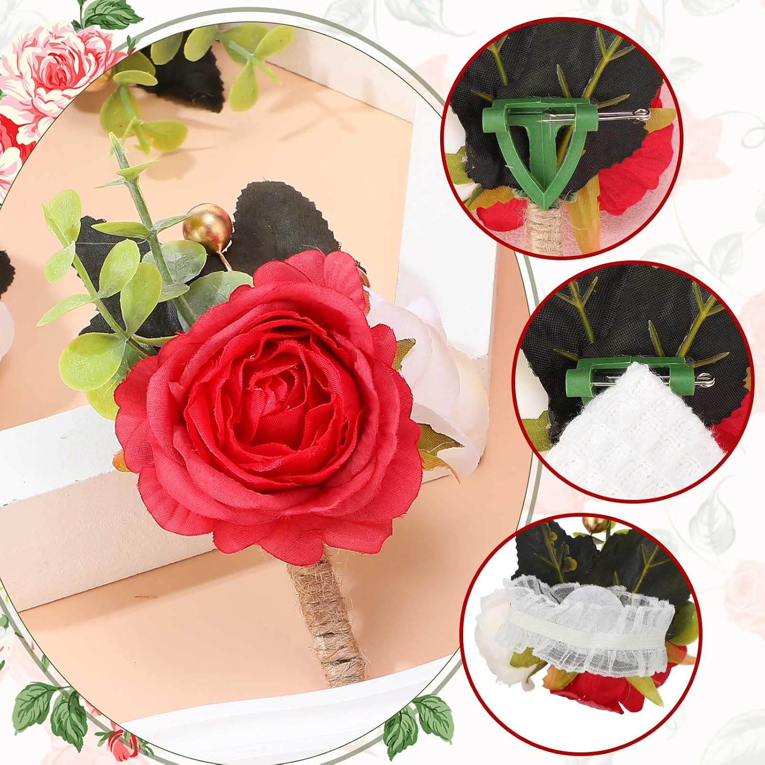 Sherr 20 Pcs Rose Wrist Corsage and Boutonniere Set Flower Wrist Corsage Wristlet Band Bracelet Bridegroom Men's Boutonniere Wedding Wristlet Hand Flower for Prom Party Bouquets (Wine)