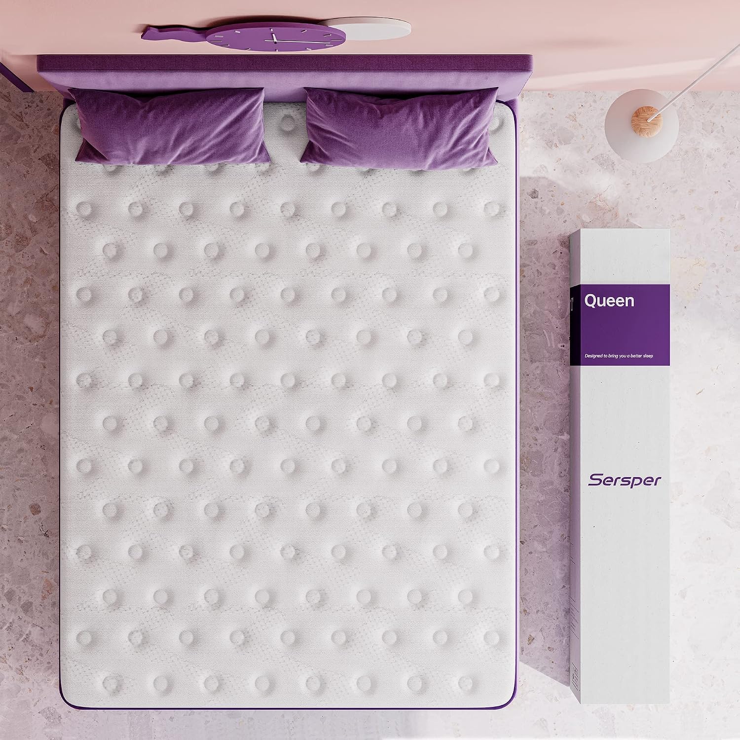 Sersper 8 Inch Memory Foam Hybrid Pillow Top Queen Mattress - 5-Zone Pocket Innersprings Motion Isolation - Heavier Coils for Durable Support - Medium Firm - R&D in North America