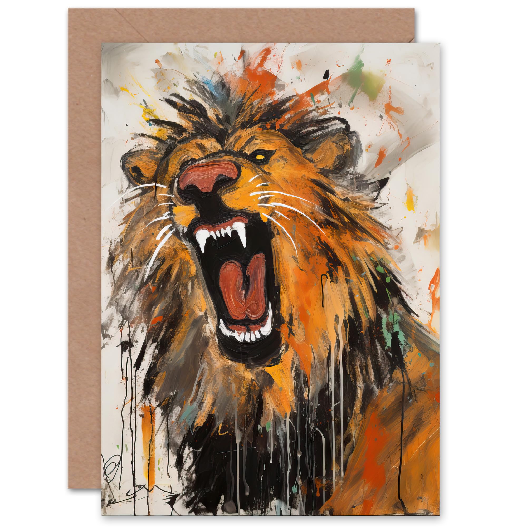 Artery8 The Circus Lion Roars Oil Painting Art for Husband Him Dad Son Brother Birthday Thank You Congratulations Blank Art Greeting Card