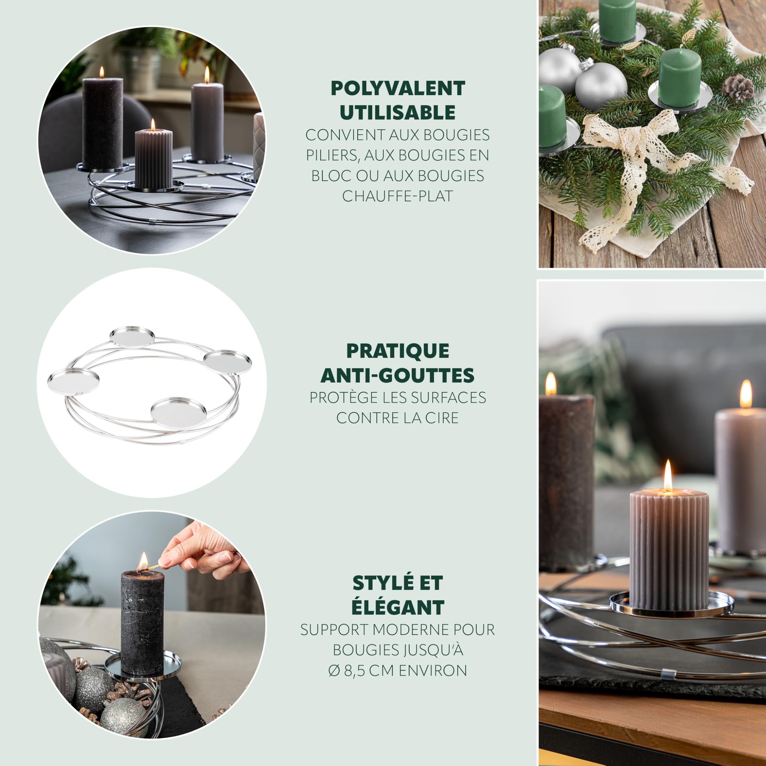 bremermann Bougeoir en Forme de Couronne, idéal comme Couronne de l'Avent pour Noël ou comme décoration de Table Tout au Long de l'année, bougeoir pour 4 Bougies cylindriques, en métal (Argent)