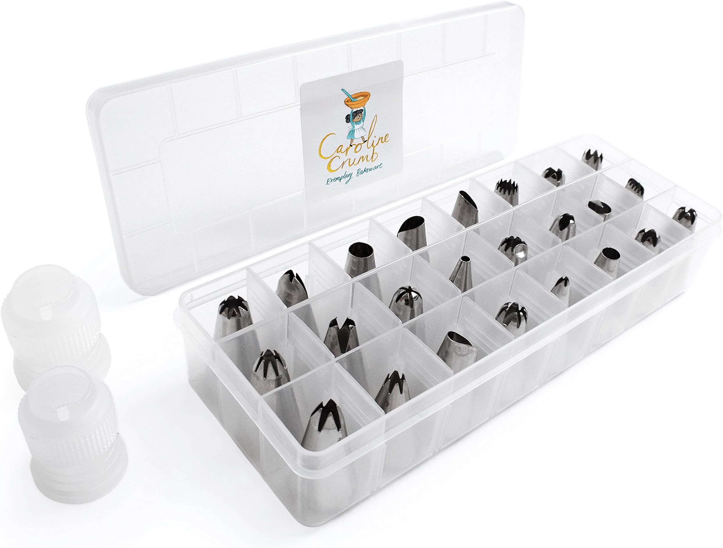 24 Piece Cake Decoration Icing Tips Set - Stainless Steel Piping Dispenser Nozzle Kit For Professional Baking. 2x Coupler kit Tools Supply and Storage Case. Child Safe Sugar Craft family friendly.