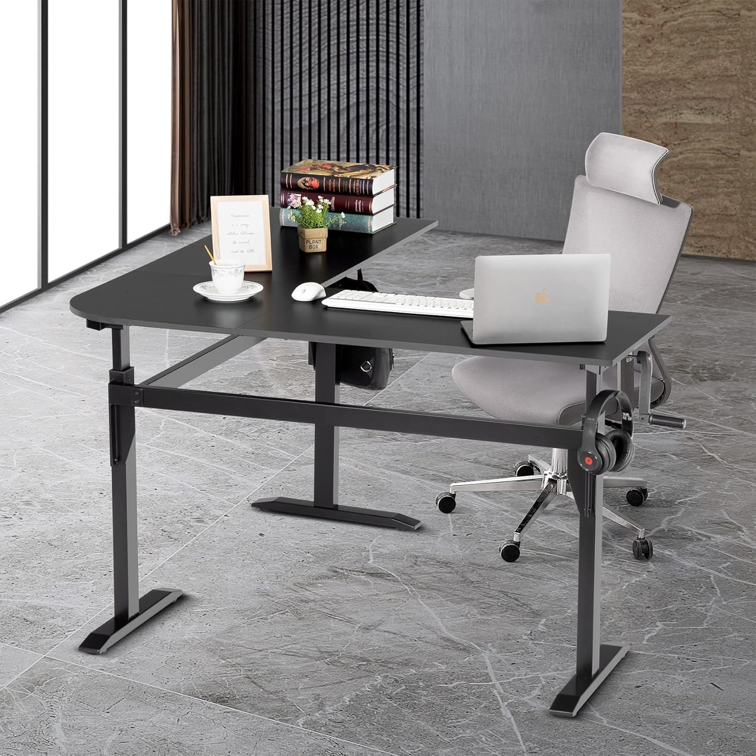 UNICOO – L Shaped Crank Height Adjustable Standing Desk, Sit to Stand up Corner Desk, L-Shaped Standing Workstation (XJH-LC-2 Packages) (Black)