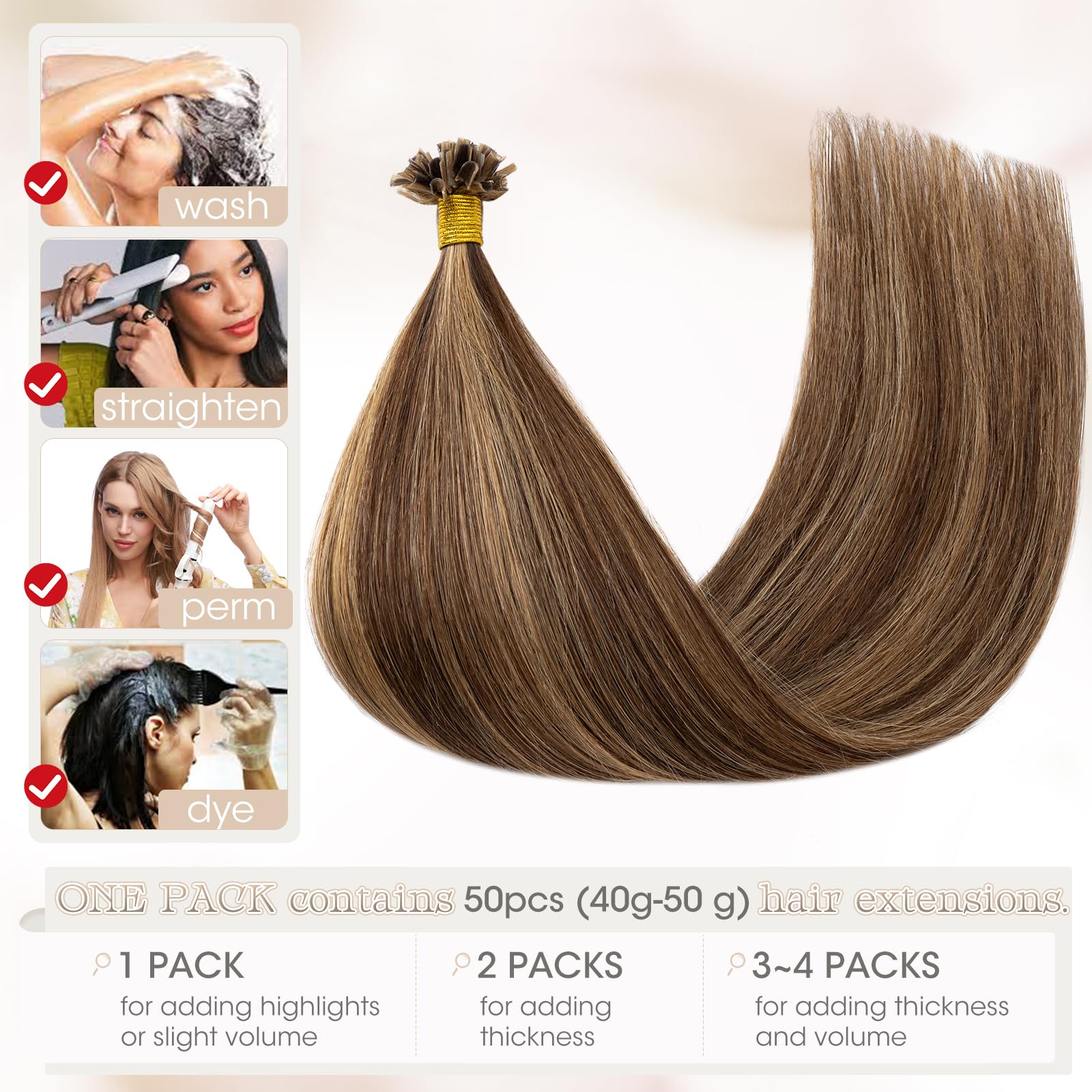 Elailite Extension Capelli Veri Cheratina 1g 50 Ciocche Balayage 100% Remy Human Hair U Tip Keratin (40cm 50g #4/27)