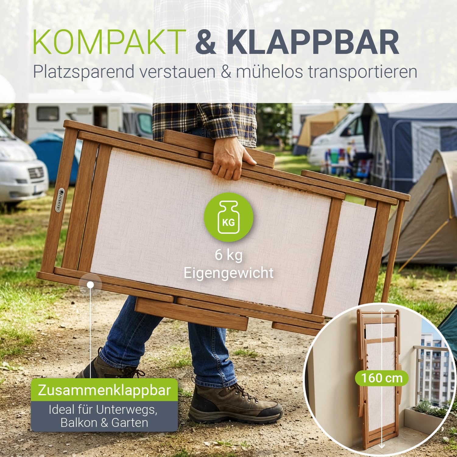 Juskys® Sonnenliege Tavira Creme - Klappbar, 3-Fach verstellbare Rückenlehne, mit abnehmbarem Kopfpolster, wetterfest, geöltes Akazienholz, 6 kg