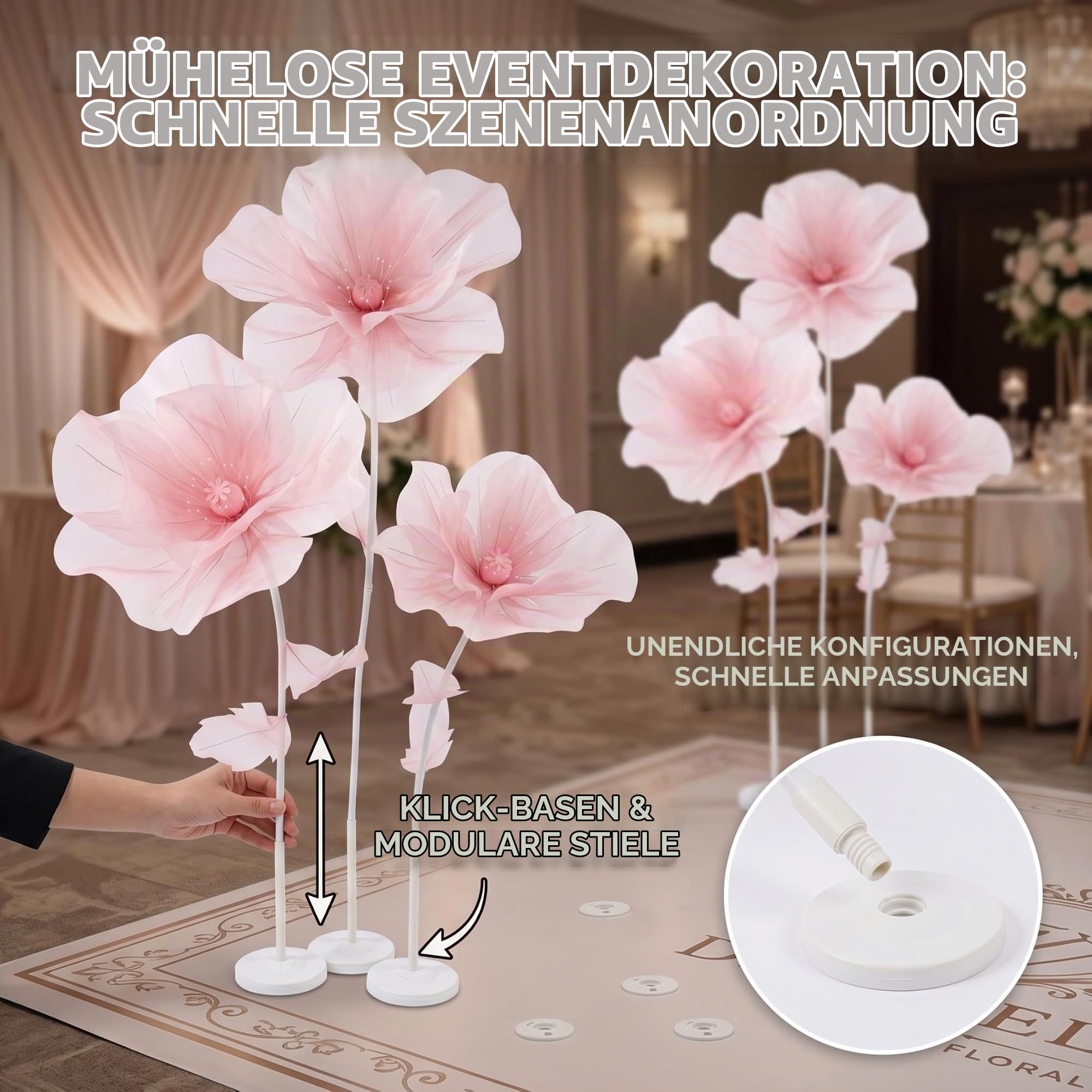 Große Papierblumen, 3-köpfige riesige Organza-Blume mit Ständer, große Blumen-Hintergrunddekoration für Garten, Hotel, Fotografie-Requisiten, Hochzeit, Stil 1