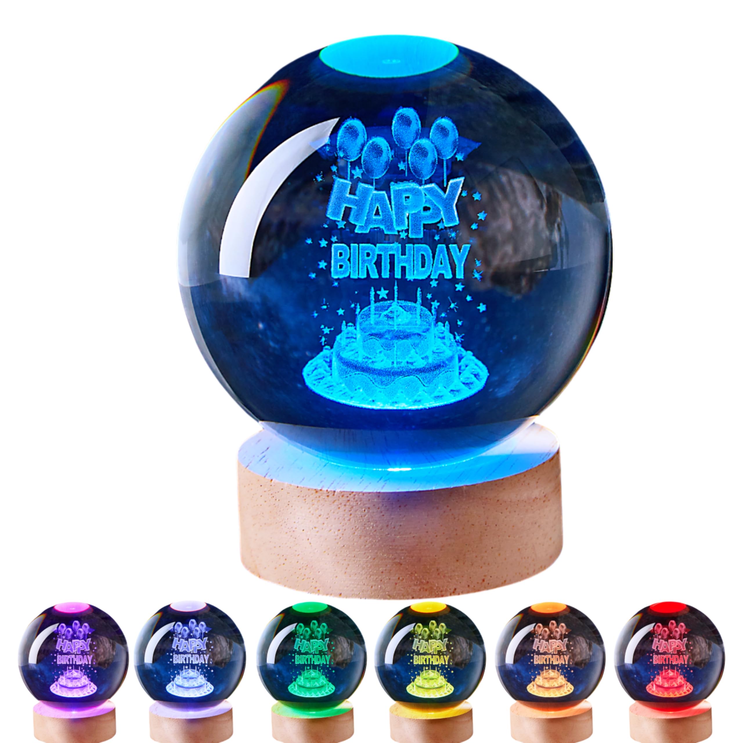 3D Cake Crystal Ball Lamp with Remote Control, 3.15 inch Happy Birthday Crystal Night Light with Wooden Base 16 Colors Change, Glass Figurine Lamp Gift for Girls Boys Wife Girlfriend Mom (Cake)