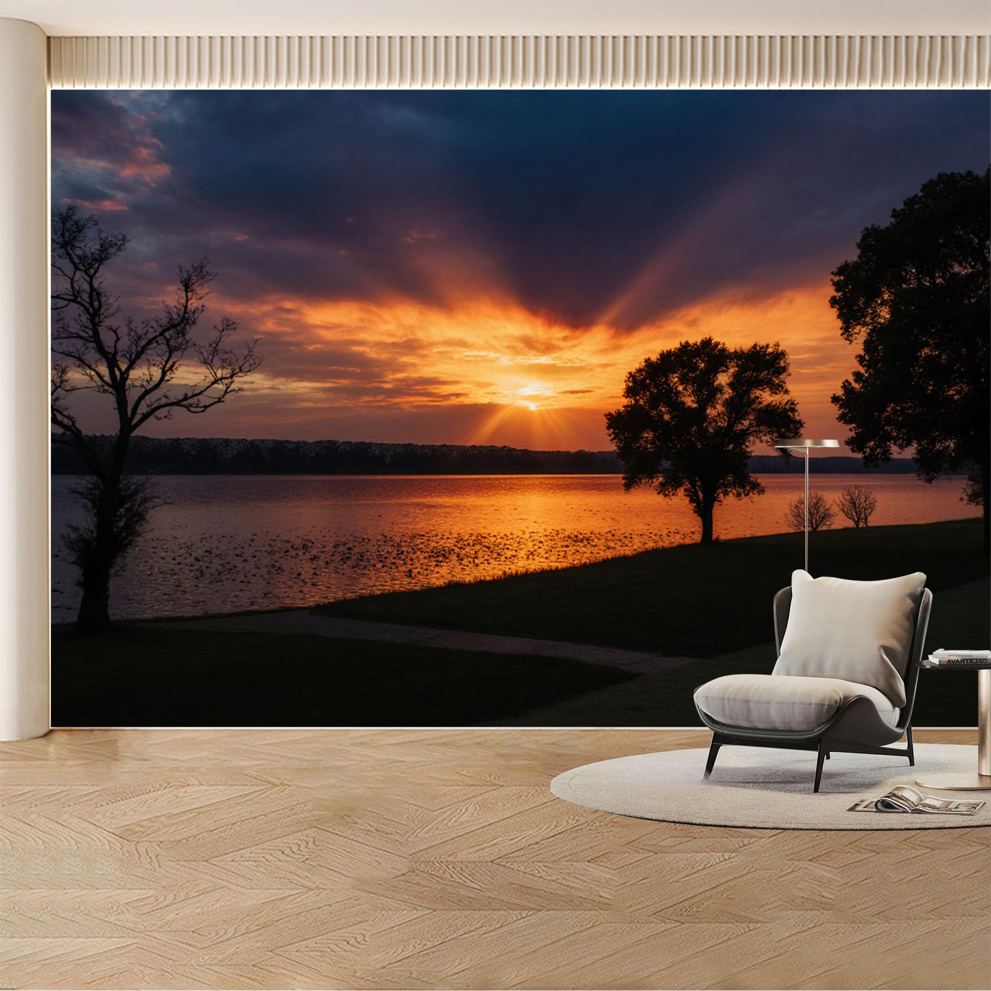 Custom Wall Mural Wallpaper Sunset Lake Trees， Landscape Nature Wall Decor， Luxury Tropical Removable SelfAdhesive Large Photo for Living Room， Bedroom， Office