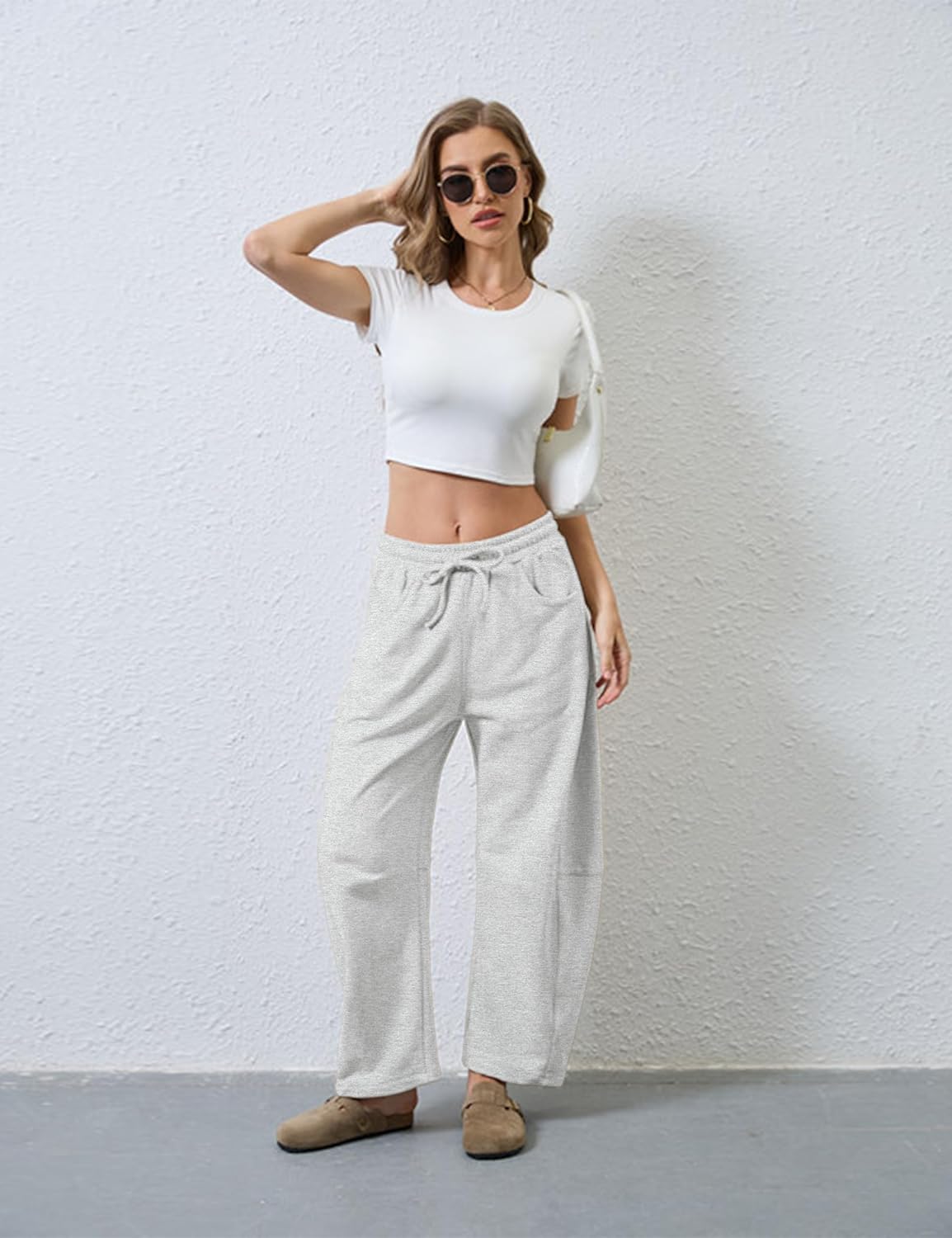 Hongsui Women's Barrel Leg Pants Elasticated Waistband Soft Wide Leg Pants with Pockets Casual Sweatpants - Image 6