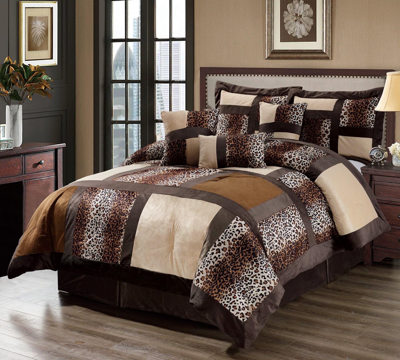 7-Piece King Leopard Patchwork Micro Suede Comforter Set