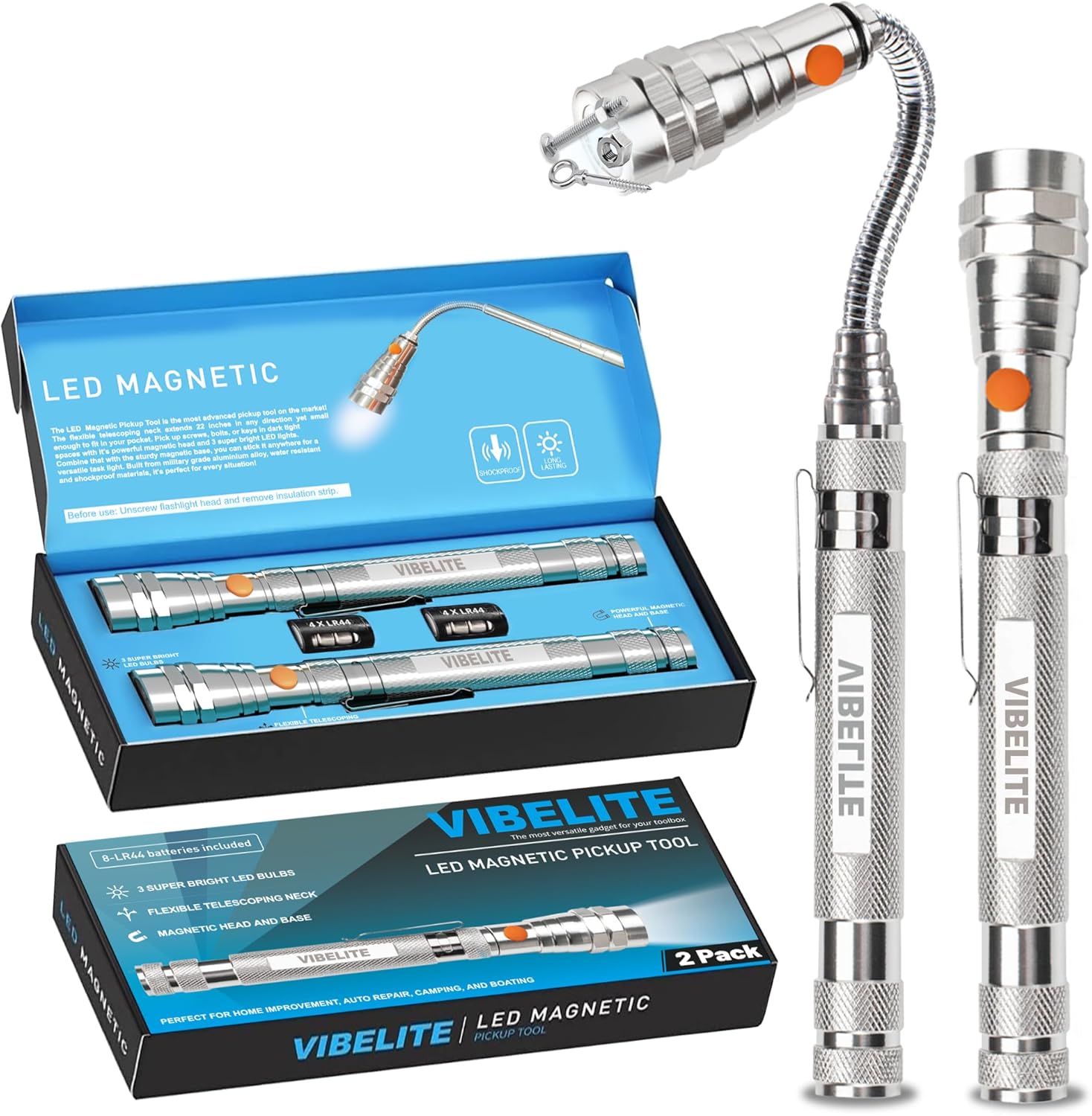 VIBELITE Extendable Magnetic Flashlight with Telescoping Magnet Pickup Tool-Cool Gadget Gifts for Men, Him, Teen Boys, Dad, Father, Mechanic, Boyfriend, Women, Birthday Gifts for Men, Silver, 2 Pack