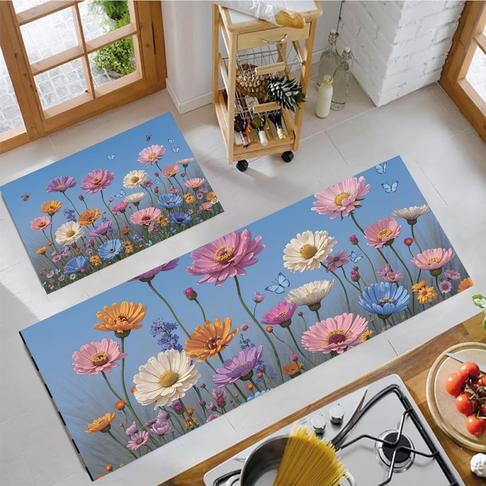 Tapis de cuisine antidérapant aquarelle bleu clair lot de 2 grand format lavable
