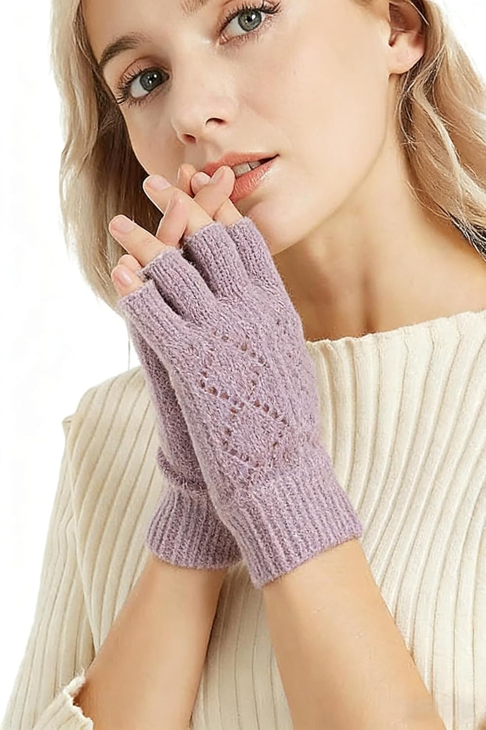 Fingerless Gloves For Womens - Winter Thermal Gloves Warm Soft Knit Half Fingers Mittens for Driving Working Typing - Image 6
